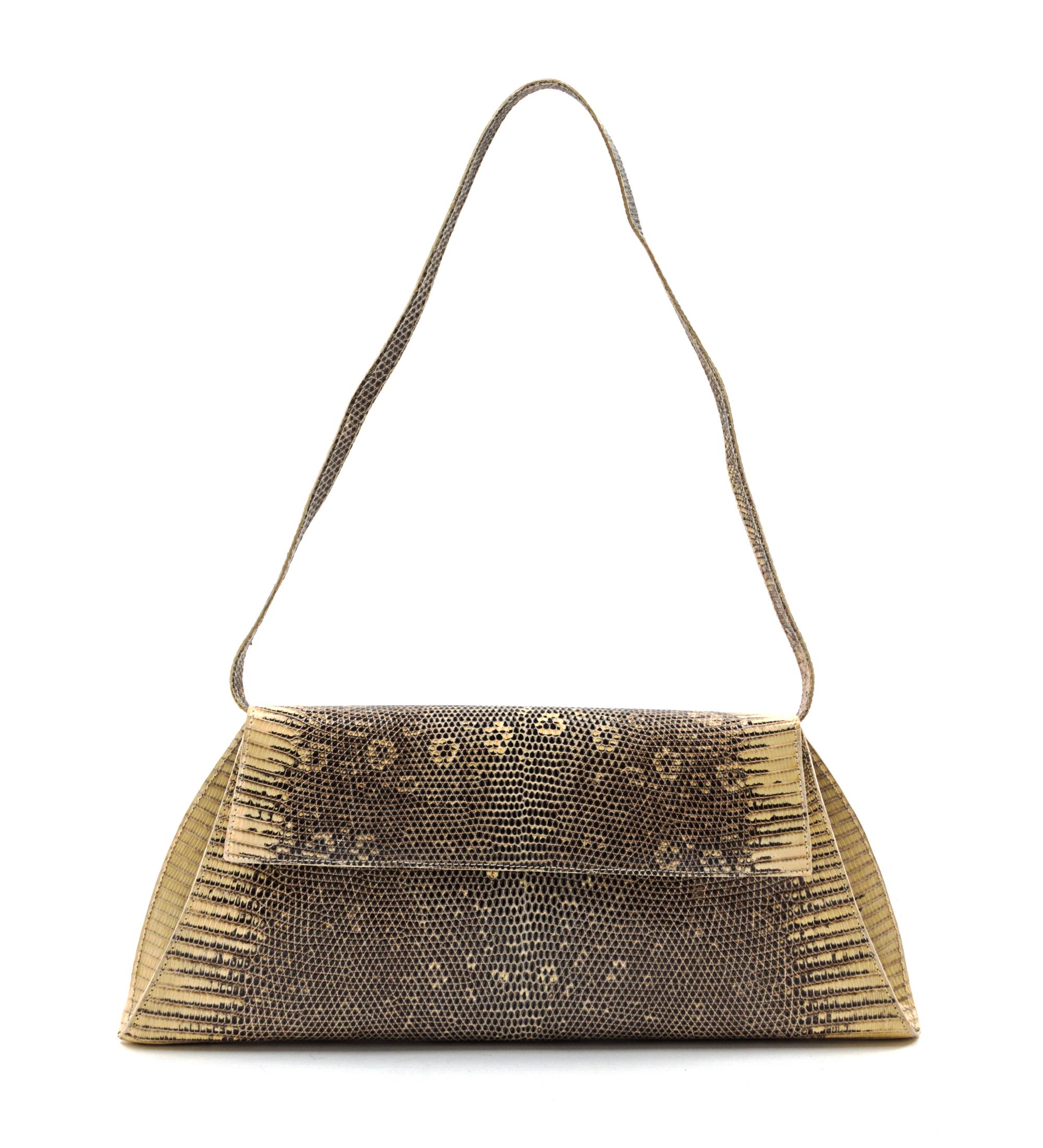 A Nancy Gonzalez Cream Lizardskin Convertible Clutch, 11 1/2 x 5 x 1 inches.