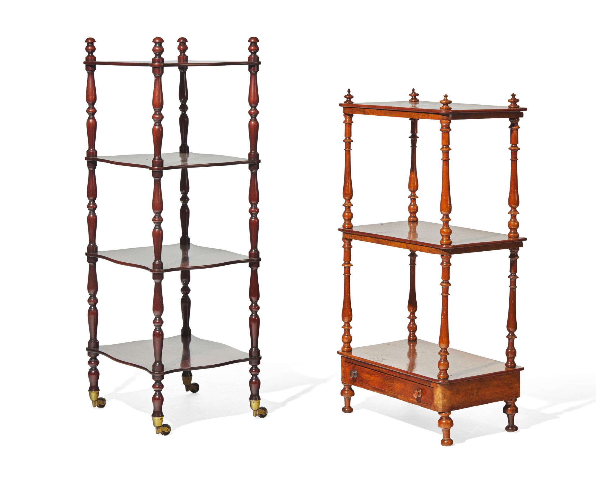 Two Victorian mahogany and burl walnut étagères, late 19th century