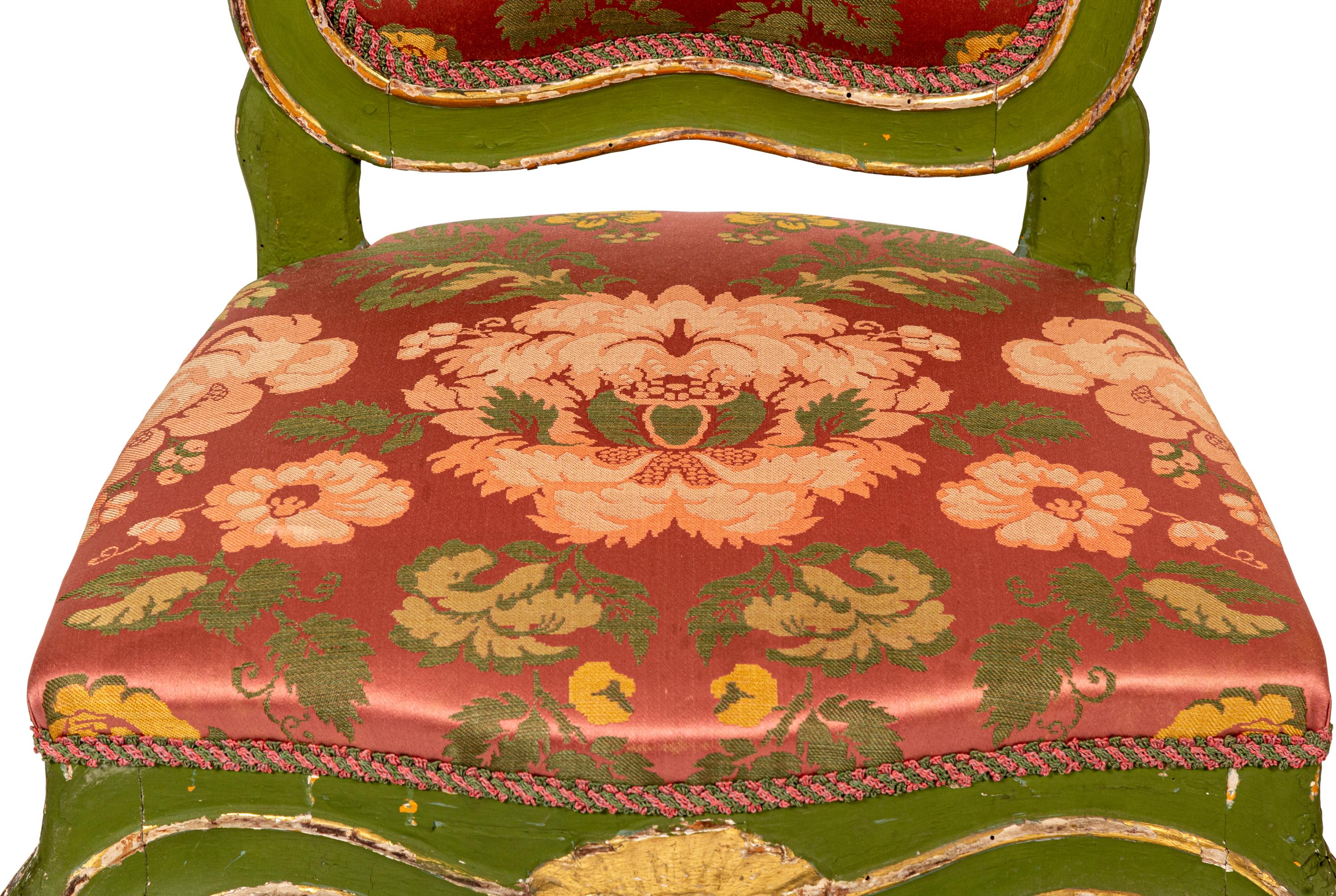 A Pair of Continental Green-Painted and Parcel-Gilt Side Chairs