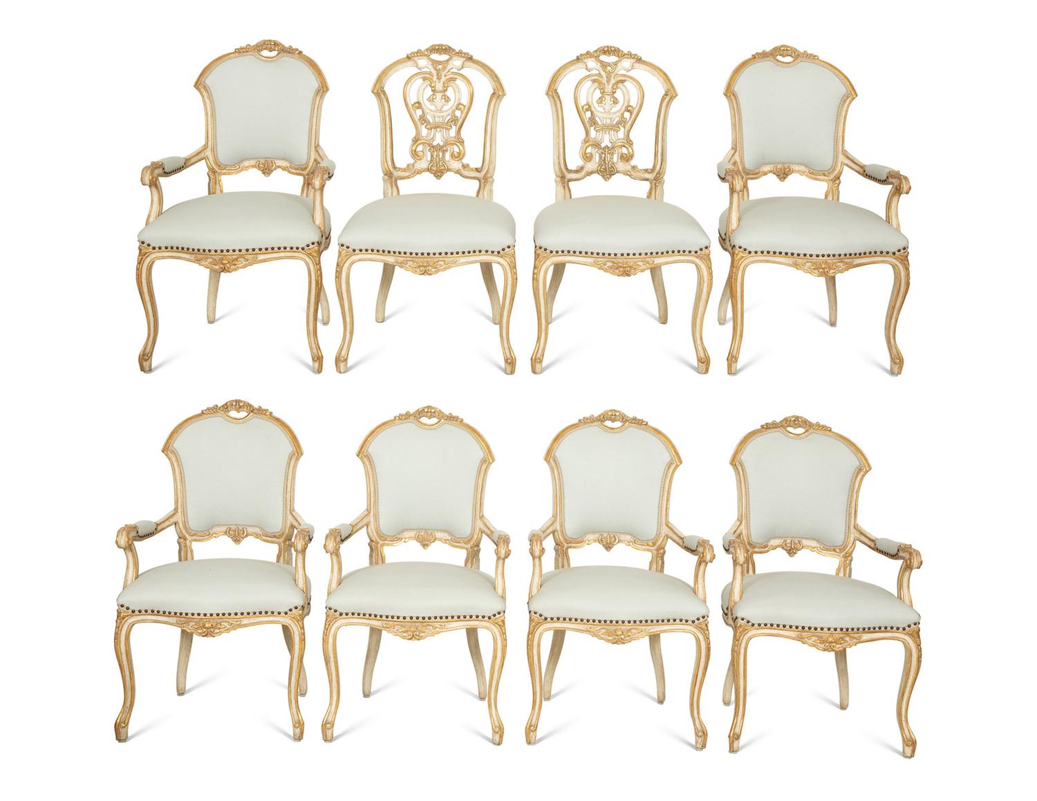 Six Ebanista Dauphine II Gilt Decorated Armchairs together with a Pair of Dauphine I Side Chairs — 21st century