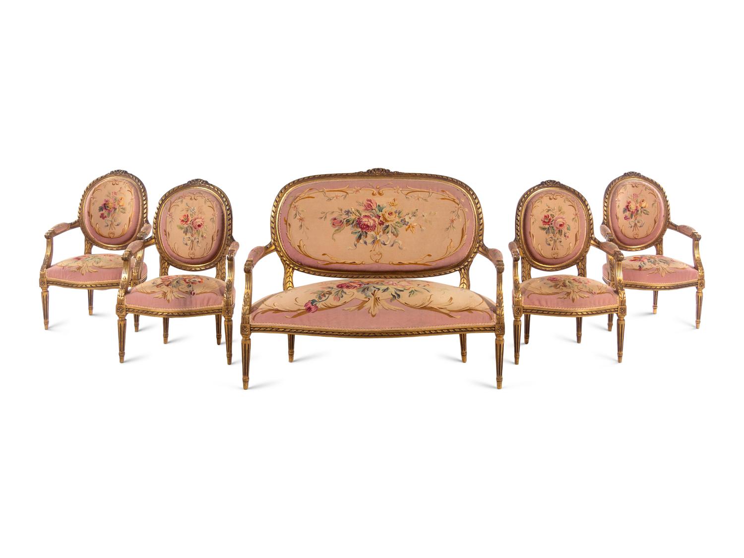 A Louis XVI Style Giltwood Parlor Suite