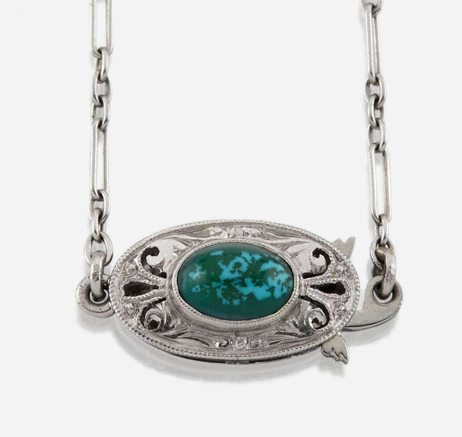 An Art Deco turquoise, diamond, and platinum necklace