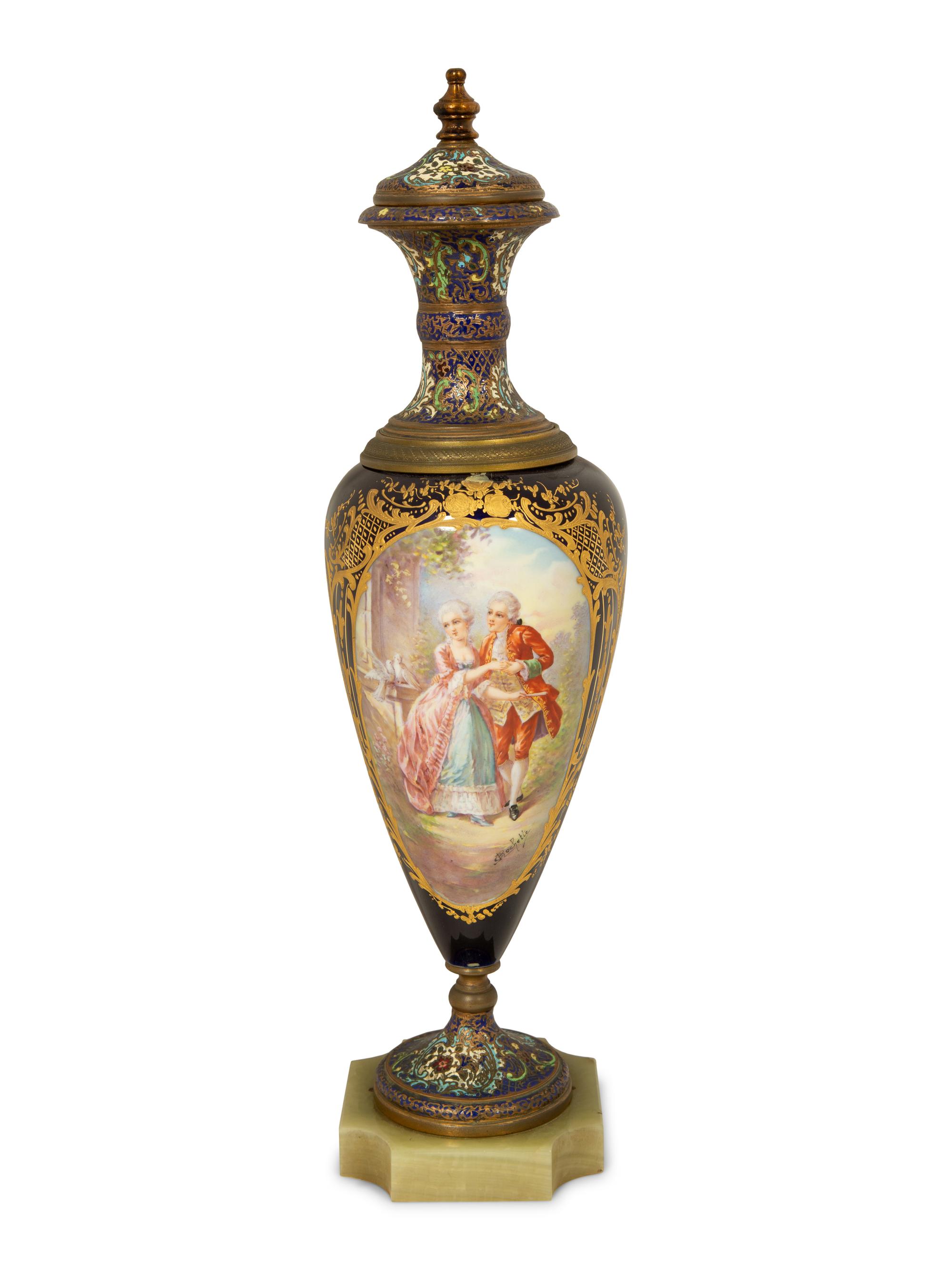 A Sevres Style Porcelain And Champleve Enamel Covered Urn with Gilt Bronze Mounts — 19TH CENTURY