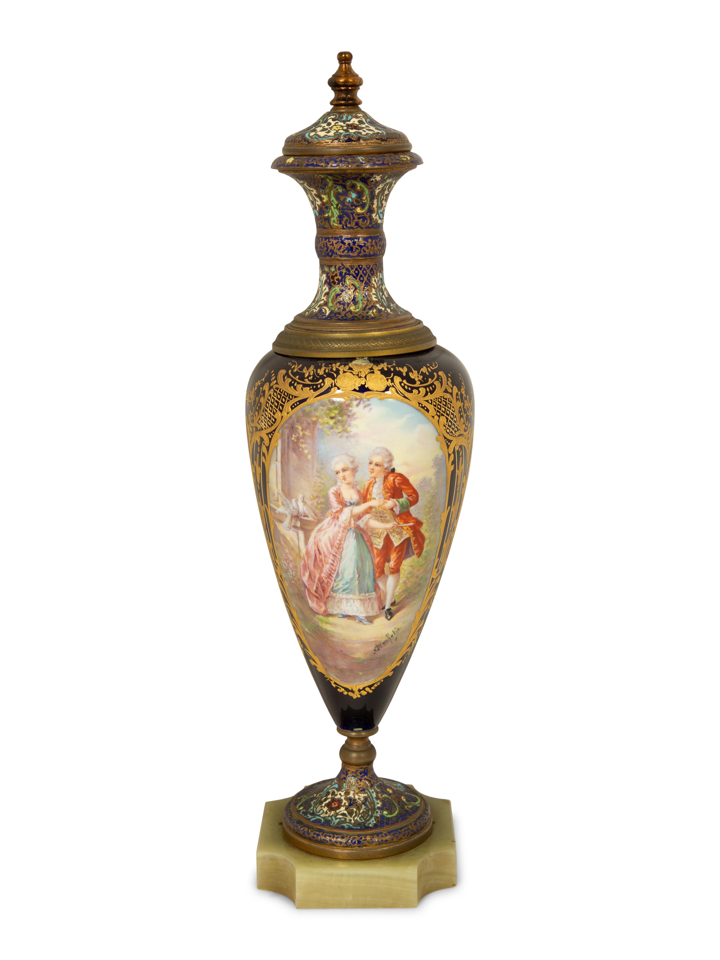 A Sevres Style Porcelain And Champleve Enamel Covered Urn with Gilt Bronze Mounts — 19TH CENTURY
