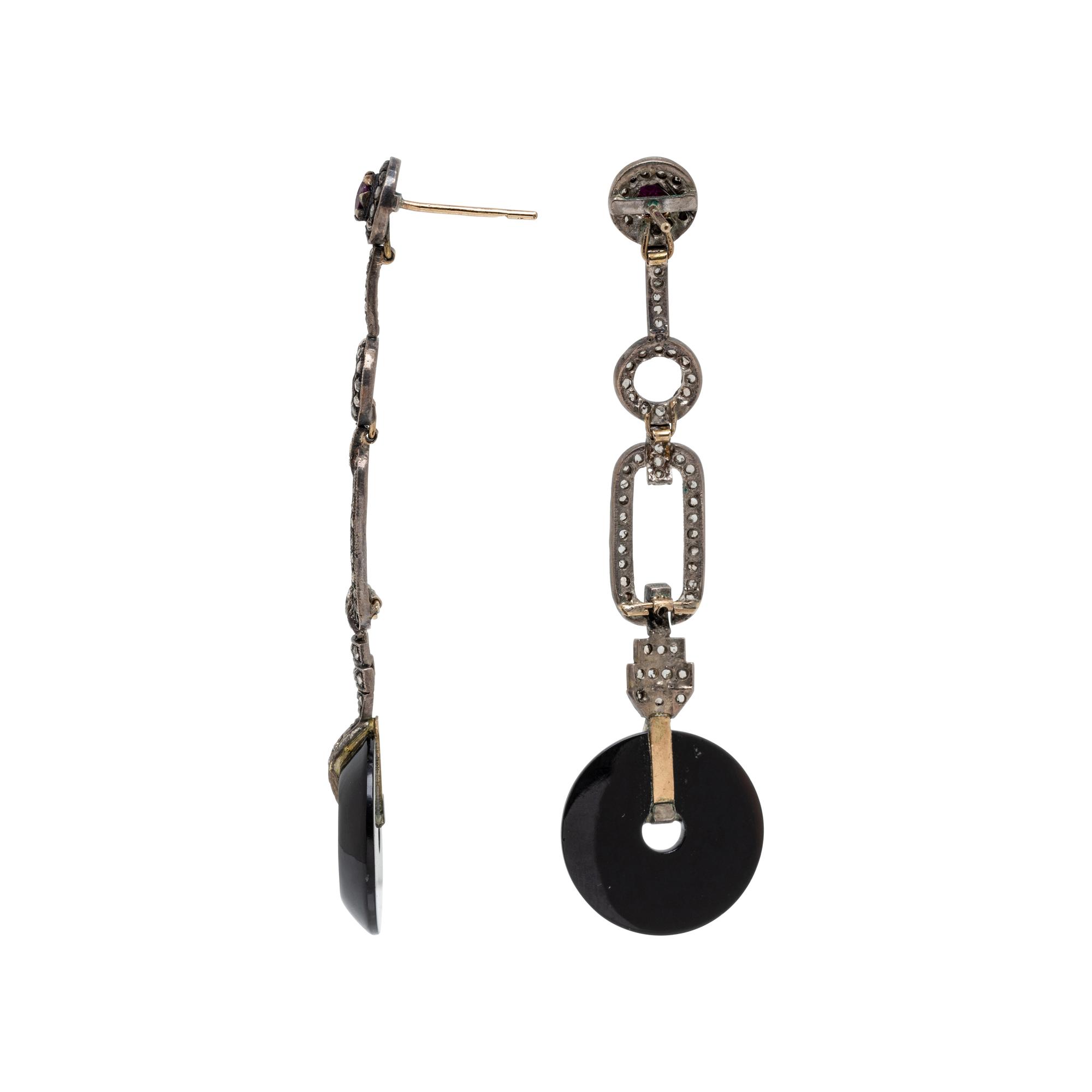 BLACK ONYX, DIAMOND, AND RUBY PENDANT EARRINGS