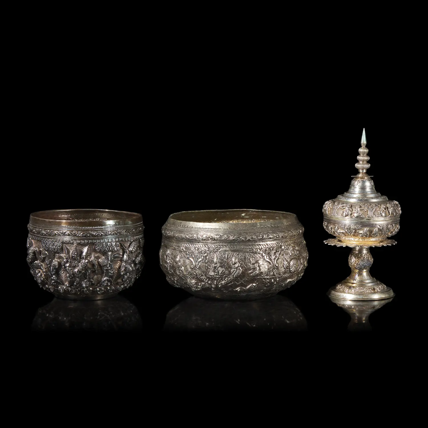 A Burmese Silver Bowl, a Silver Covered Vessel, and a Metal