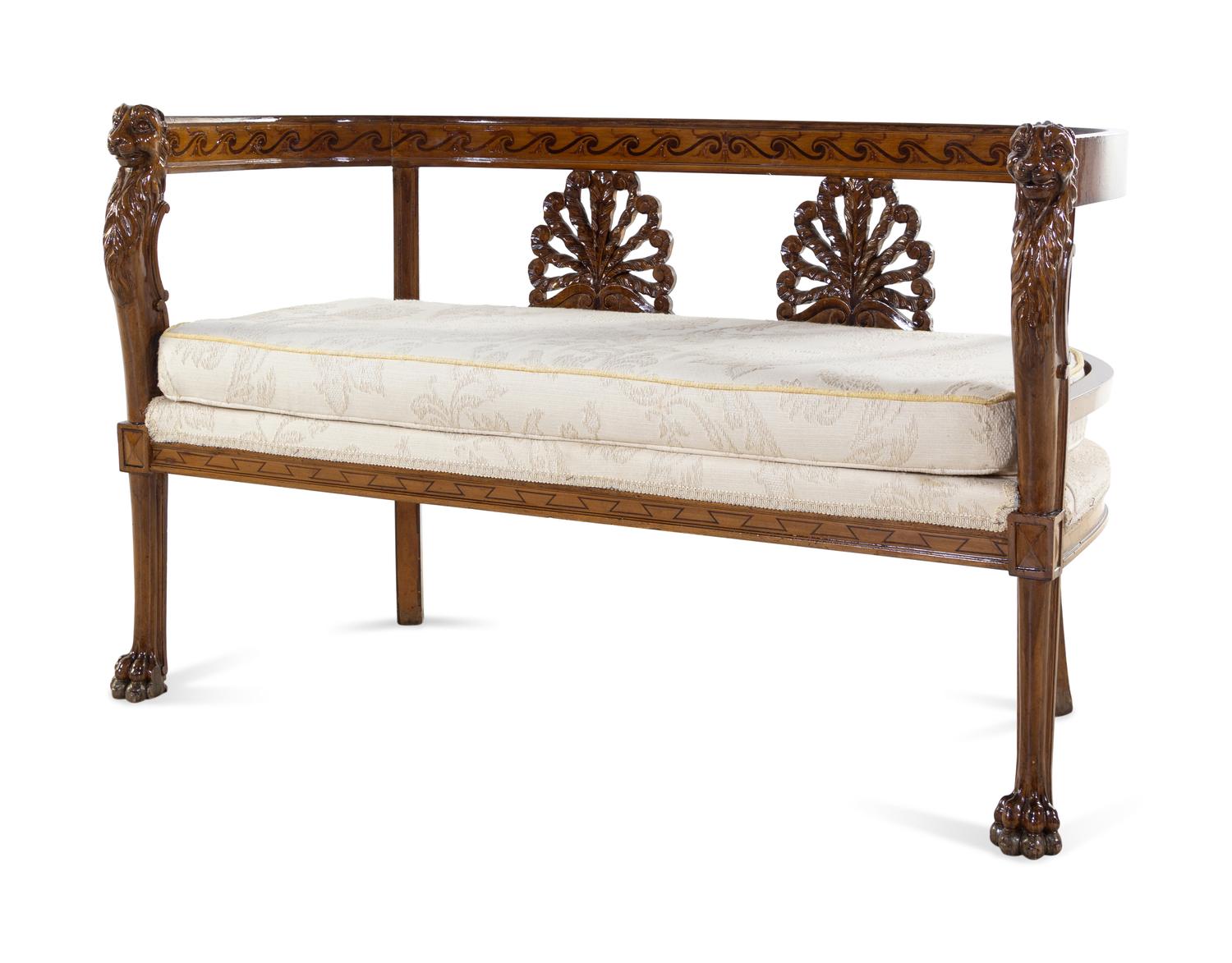 An Italian Neoclassical Style Carved Walnut and Parquetry Three-Piece Salon Suite