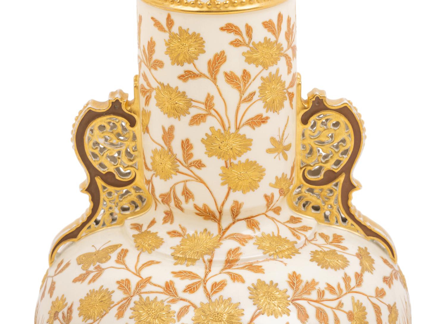 An Aesthetic Movement Gilt Decorated Earthenware Vase