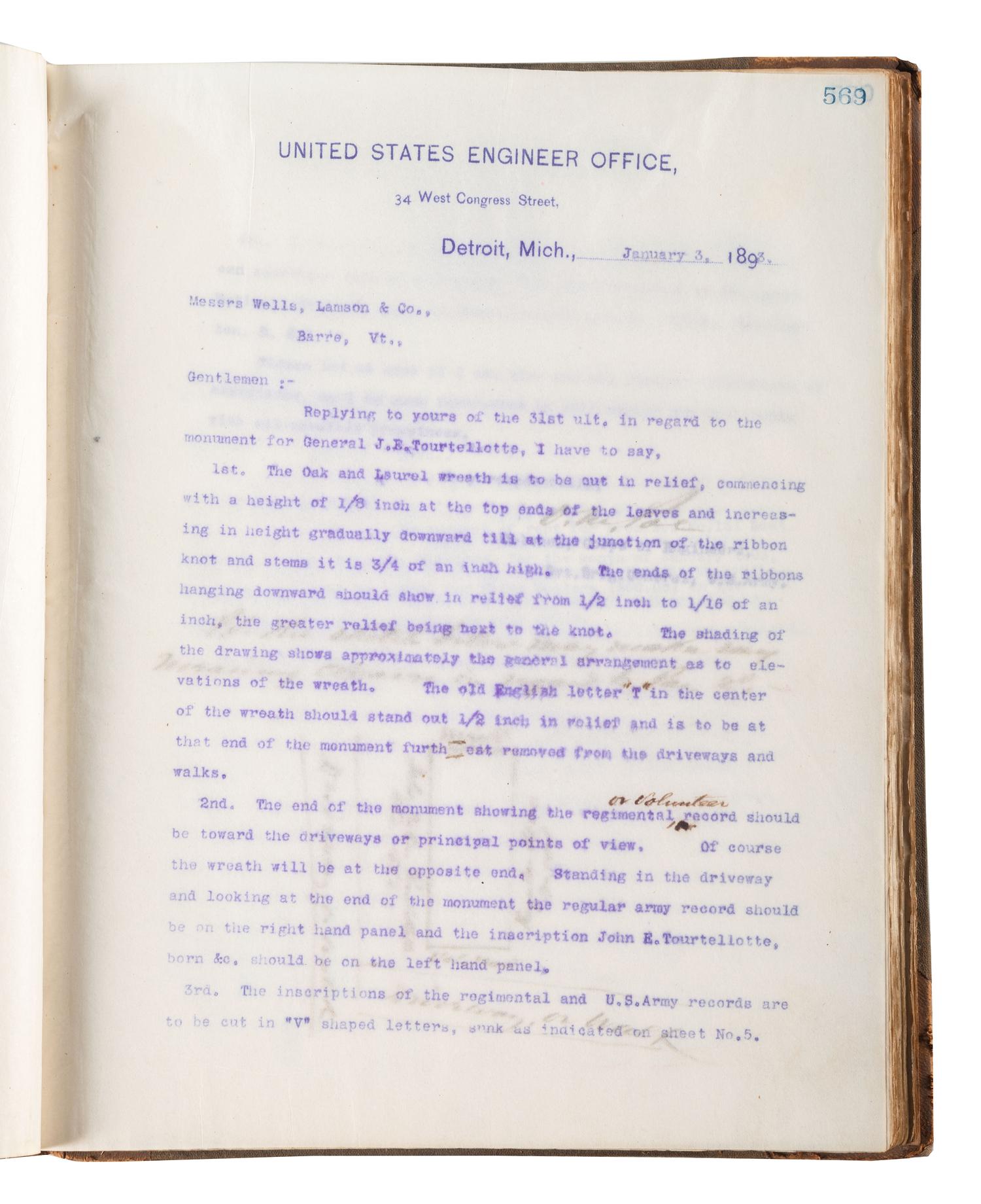 [ENGINEERING] -- [CIVIL WAR]. Group of 3 letterpress copybooks containing ca 1885-1895 correspondence of US Army officer and engineer Orlando Metcalf Poe (1832-1895).