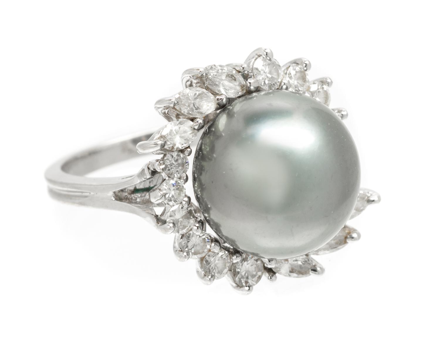 A 14 Karat White Gold, Cultured Tahitian Pearl and Diamond Ring, 3.90 dwts.