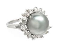 A 14 Karat White Gold, Cultured Tahitian Pearl and Diamond Ring, 3.90 dwts.