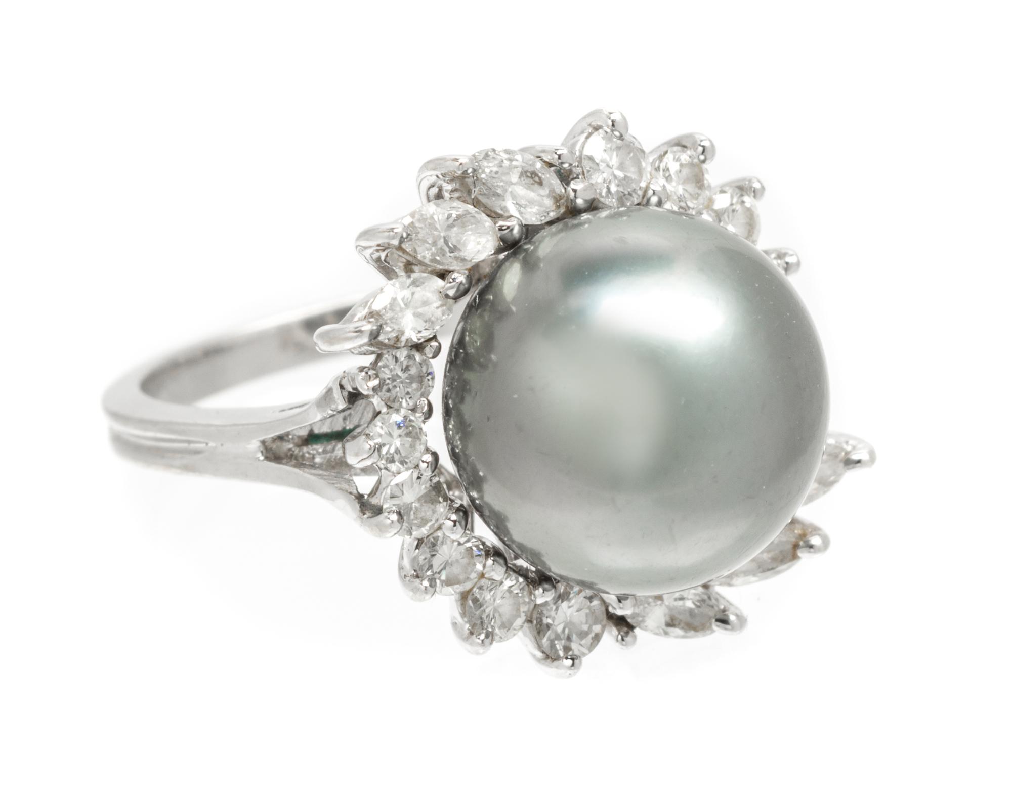 A 14 Karat White Gold, Cultured Tahitian Pearl and Diamond Ring, 3.90 dwts.