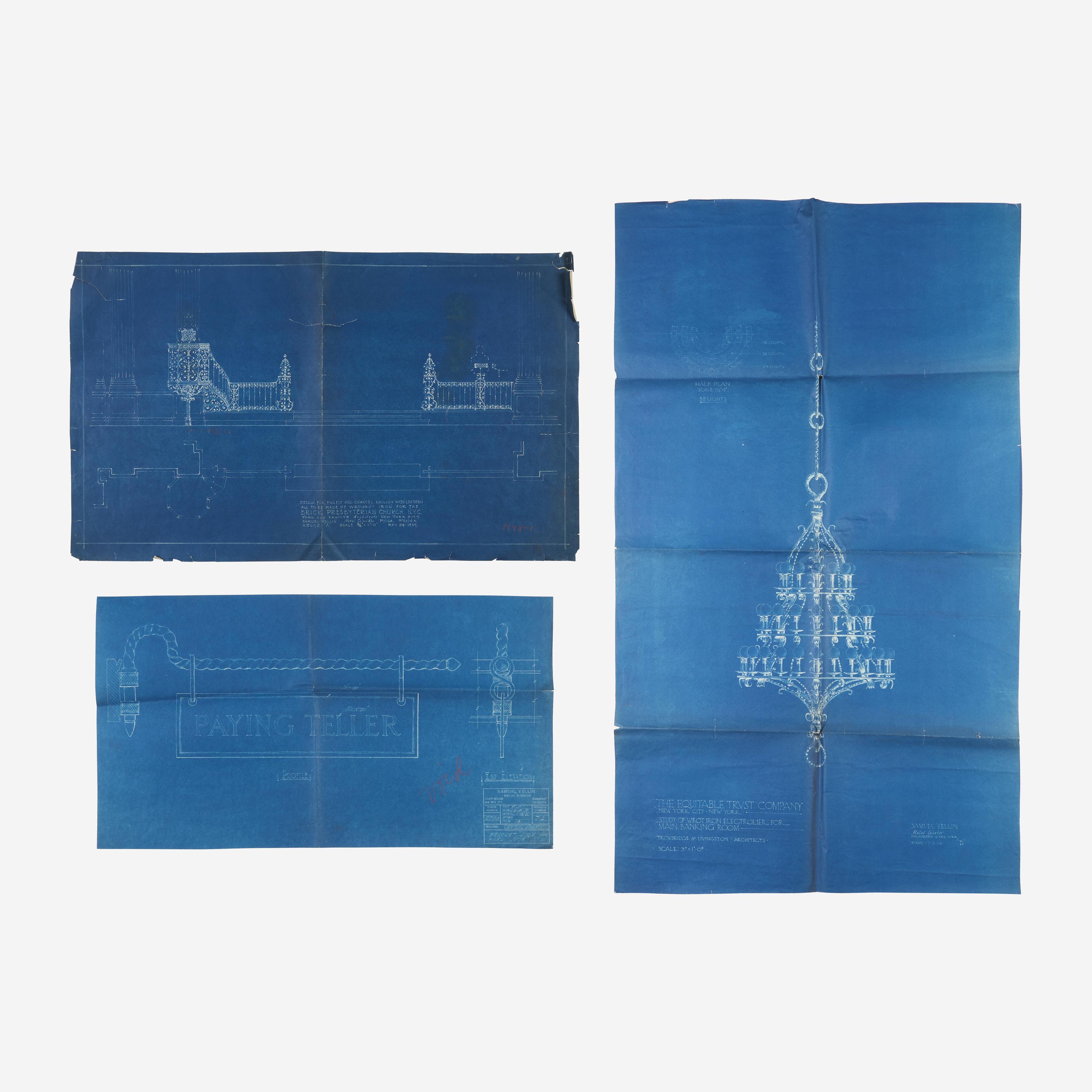 Studio of Samuel Yellin (American, 1884–1940) — Group of Three Blueprints Including Railing, Chandelier and Signpost Bracket, 1926–1939
