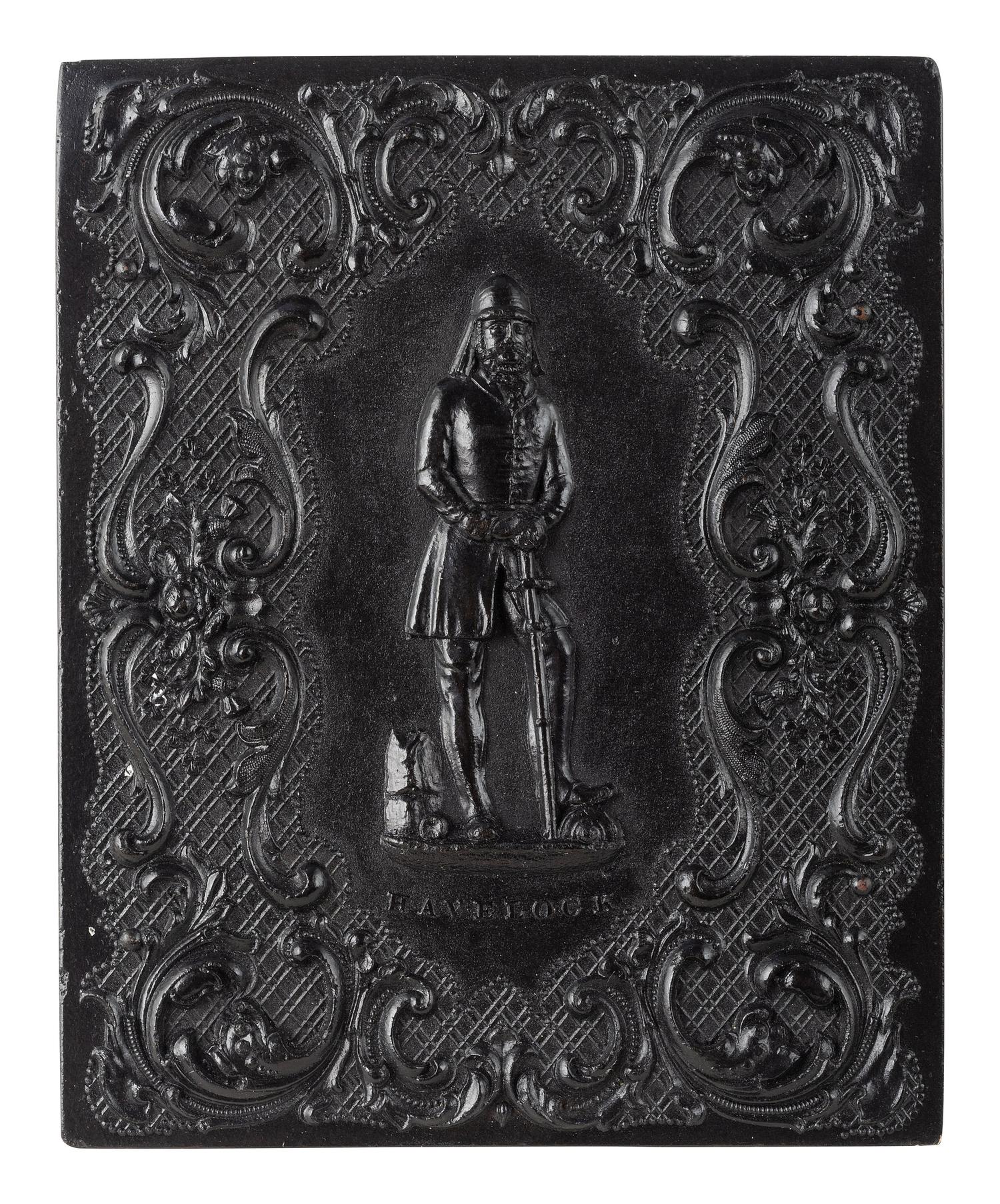 [CIVIL WAR]. Quarter plate tintype of a grizzled soldier posed before painted camp backdrop.