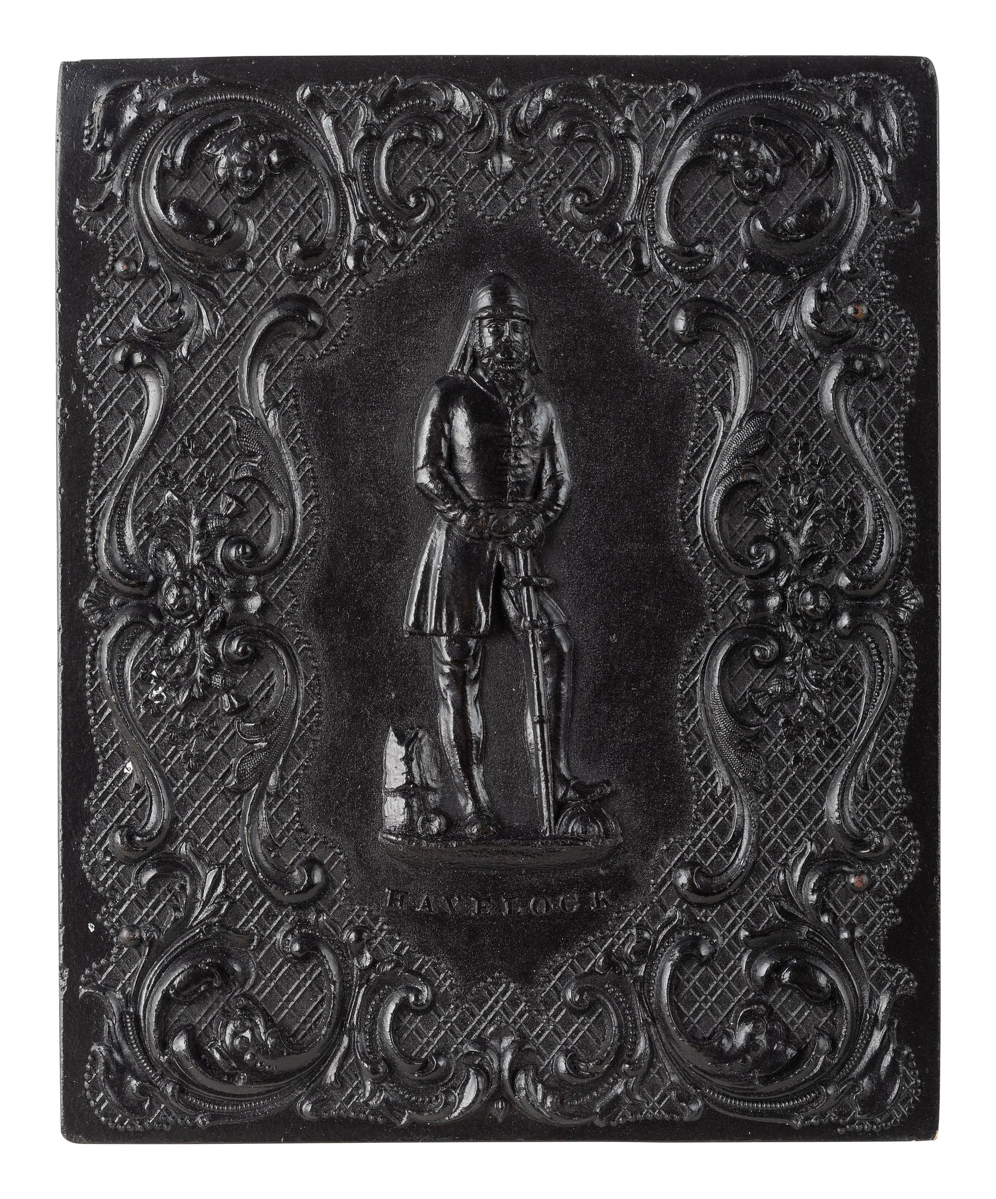 [CIVIL WAR]. Quarter plate tintype of a grizzled soldier posed before painted camp backdrop.