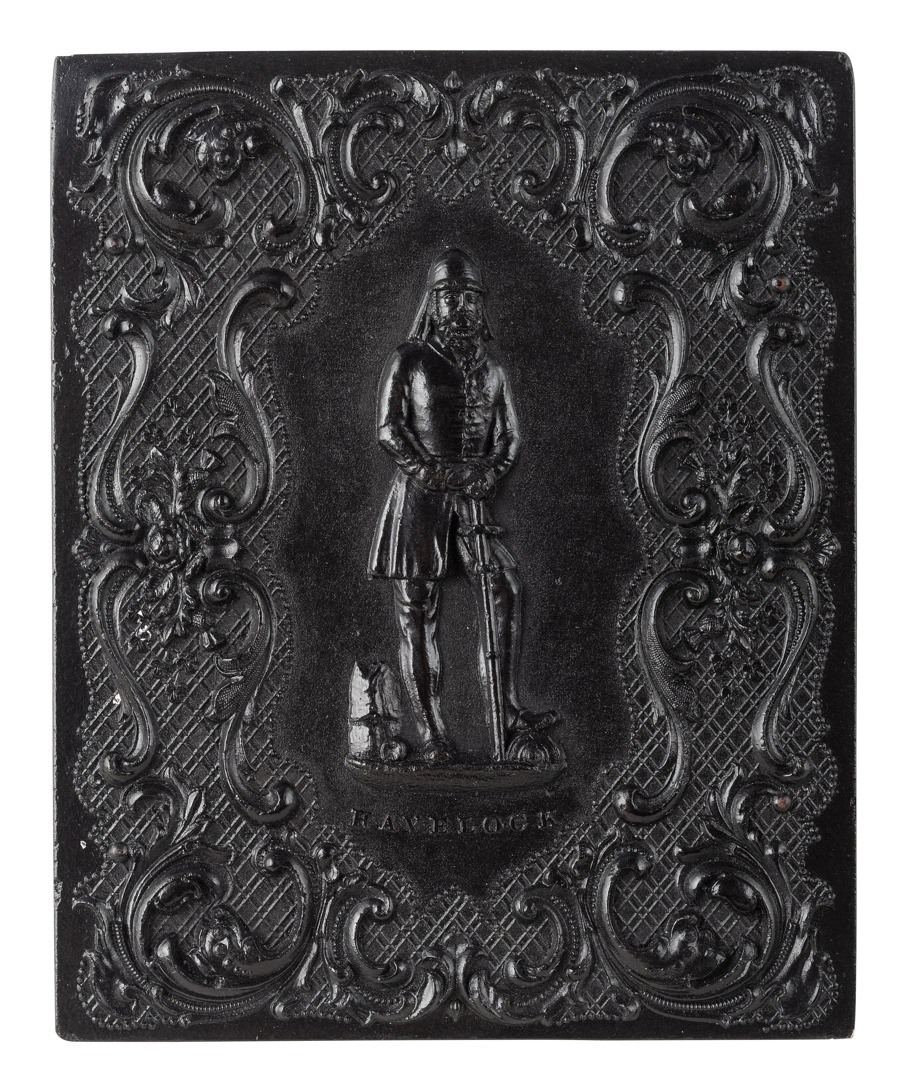 [CIVIL WAR]. Quarter plate tintype of a grizzled soldier posed before painted camp backdrop.