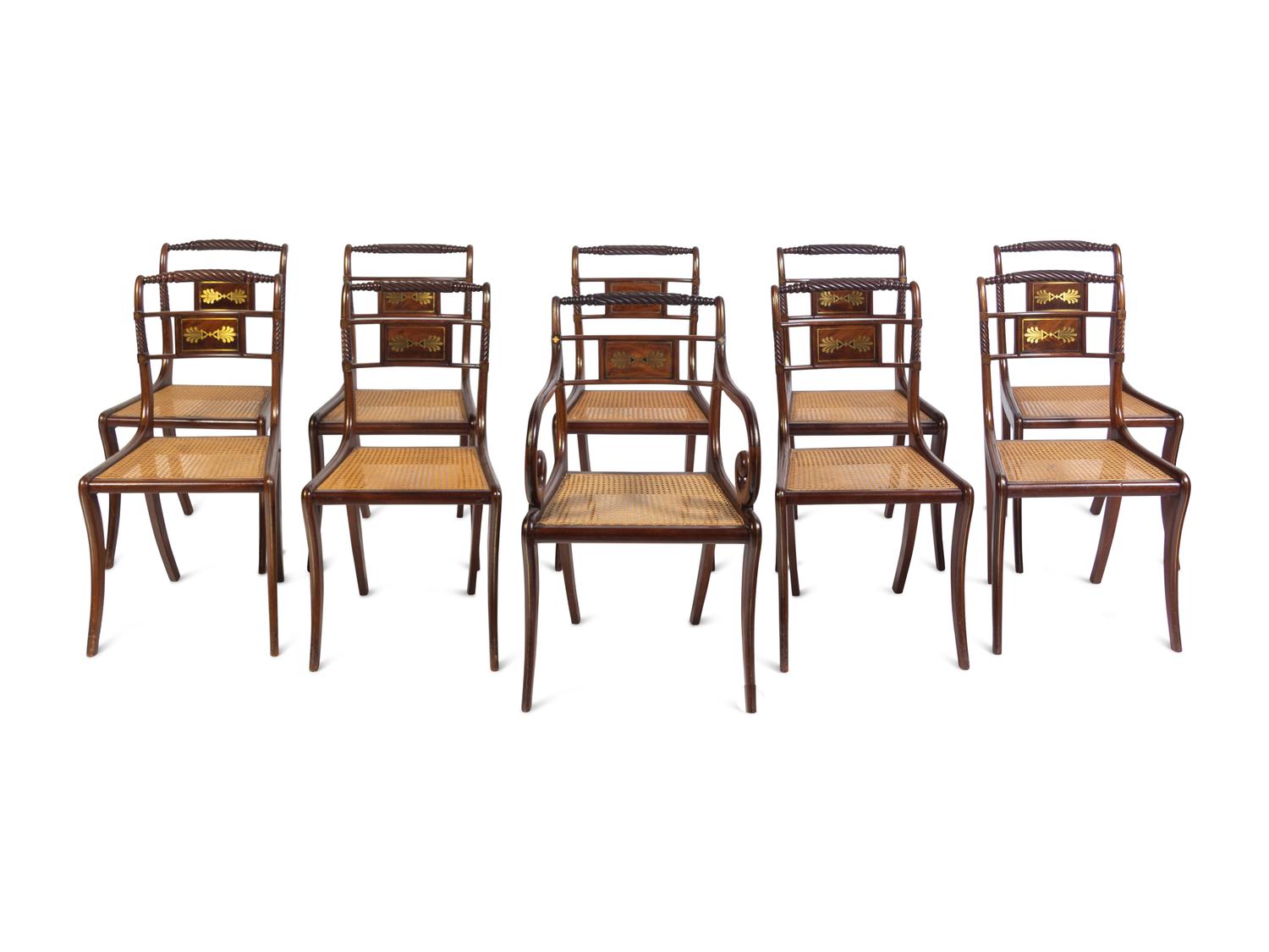 A Set of Regency Style Brass Inlaid Mahogany Dining Chairs