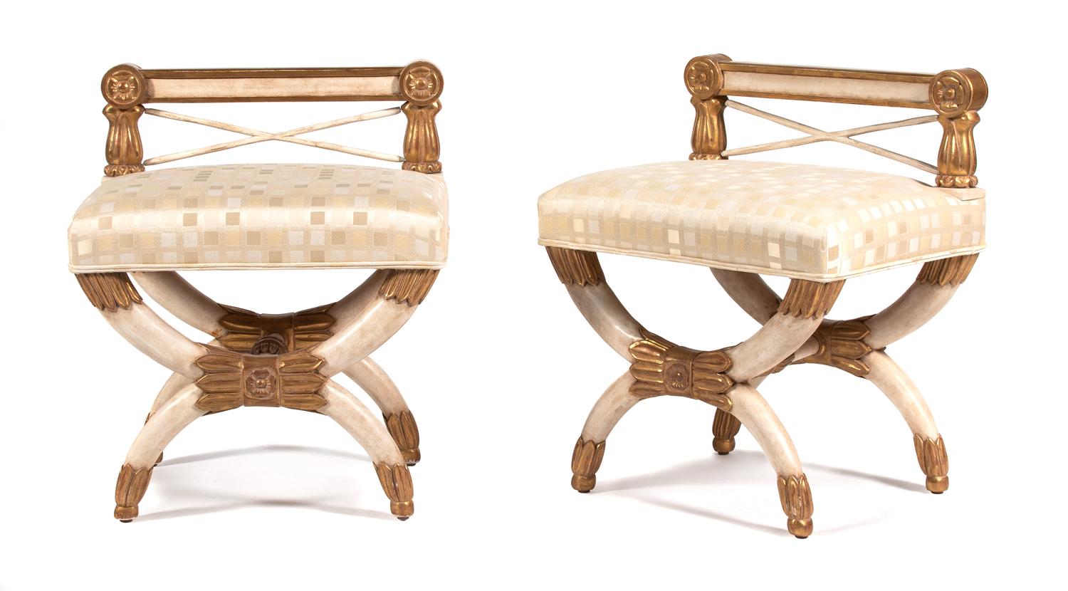 A Pair of Empire Style Parcel-Gilt and Cream-Painted Stools