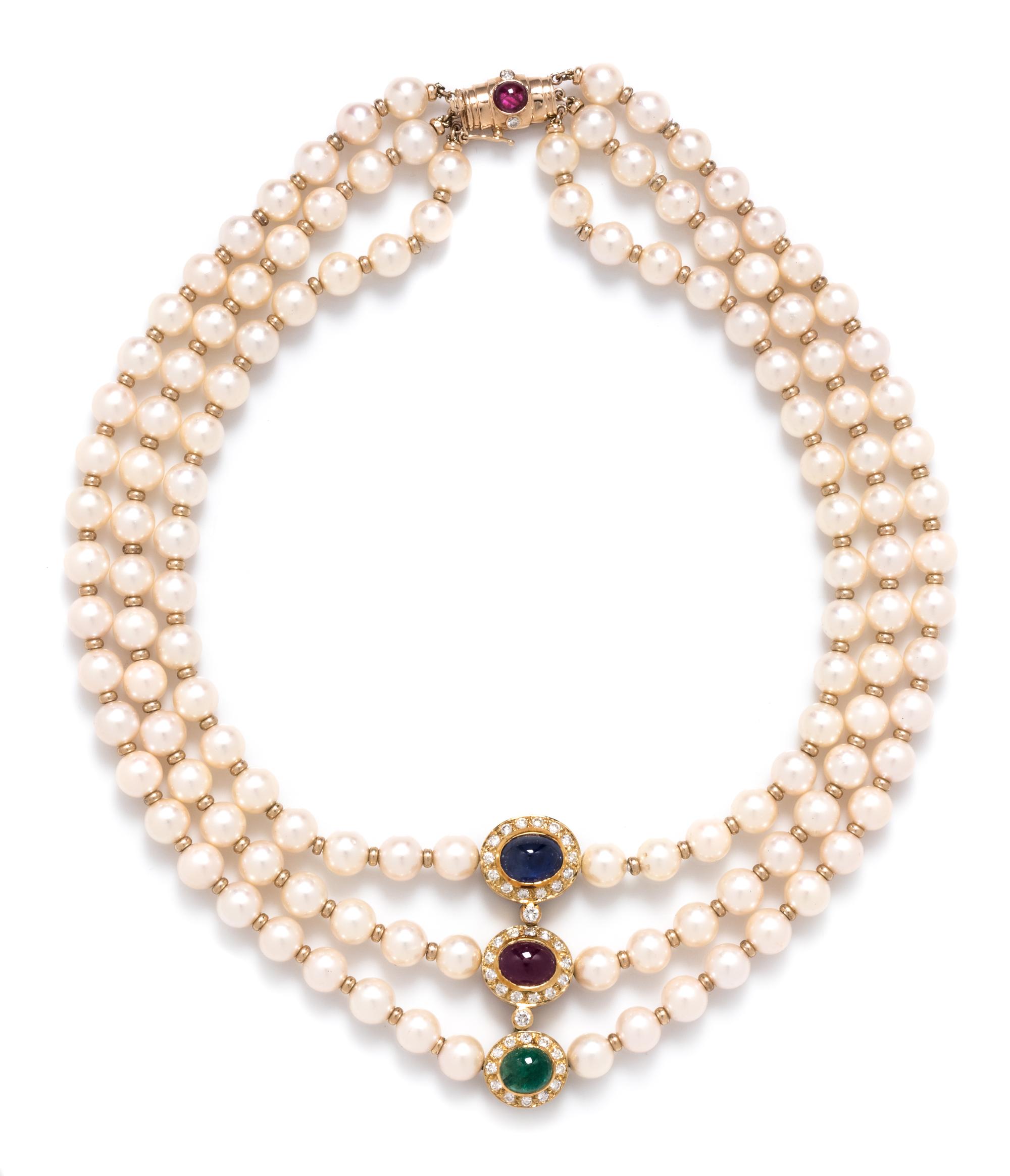 CULTURED PEARL, MULTIGEM AND DIAMOND NECKLACE