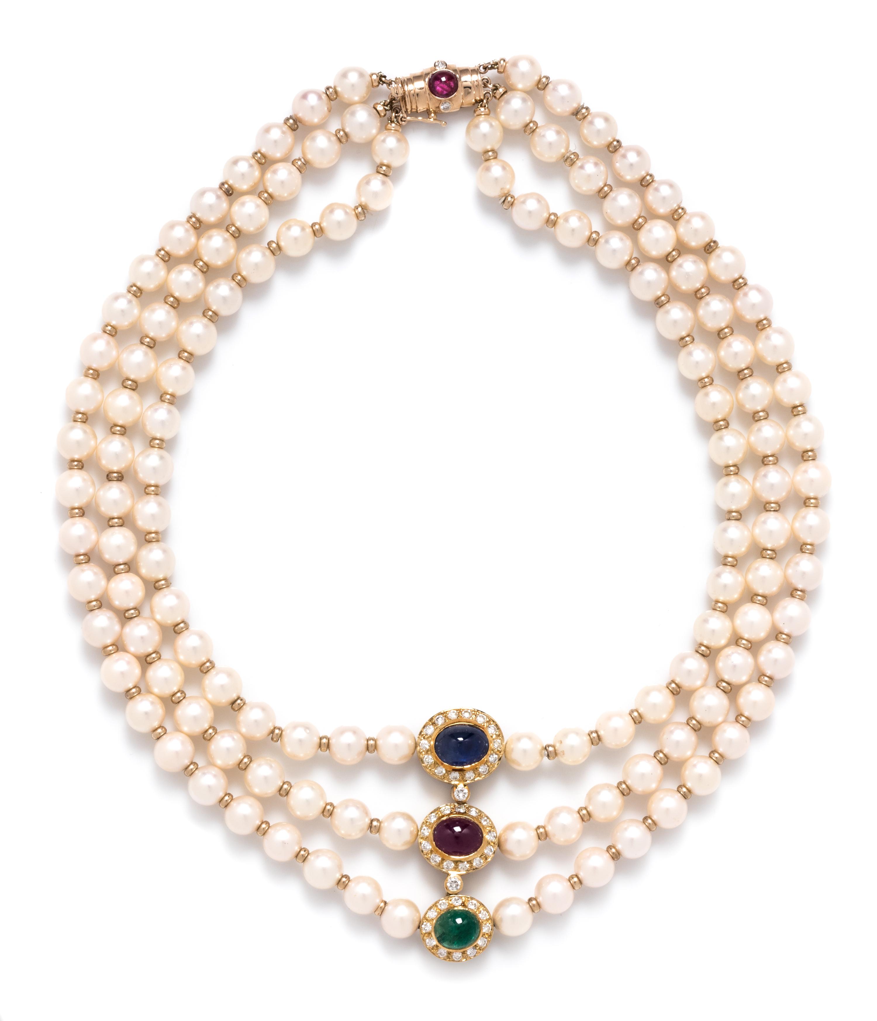 CULTURED PEARL, MULTIGEM AND DIAMOND NECKLACE
