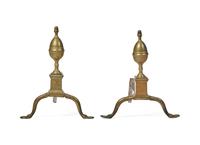 A Pair of Federal Brass Andirons Together with Three Fireplace Implements, Philadelphia, PA, Circa 1800