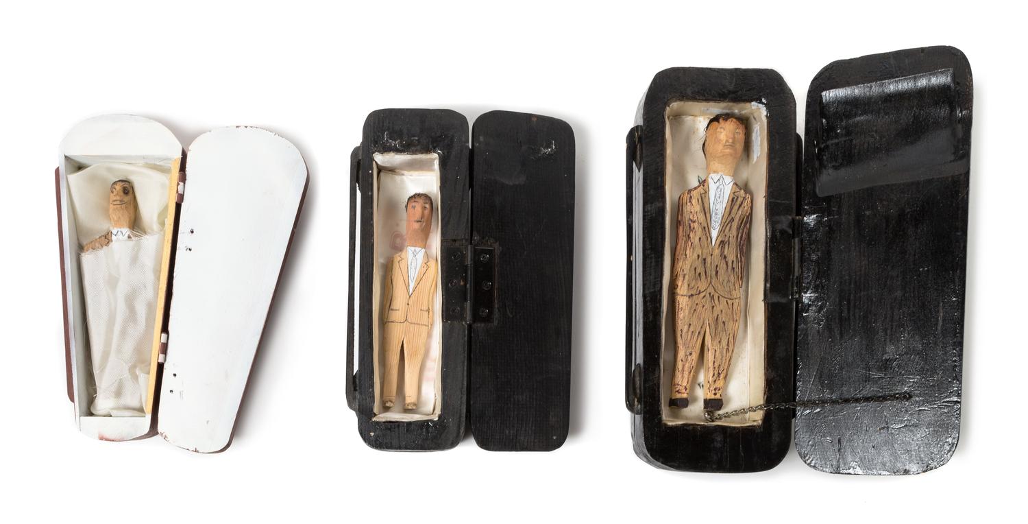 Edward Cooper, (American, 1915-2003), Untitled (Set of three coffins with figures)