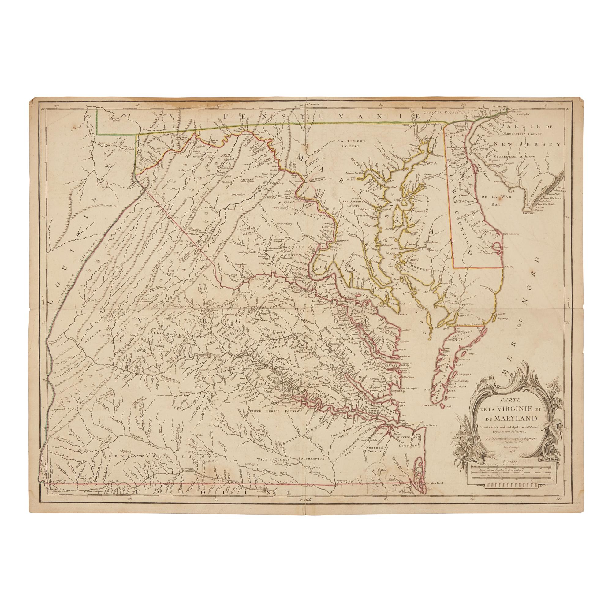 [French and Indian War] Vaugondy, Robert de. Carte de la Virginie et du Maryland...