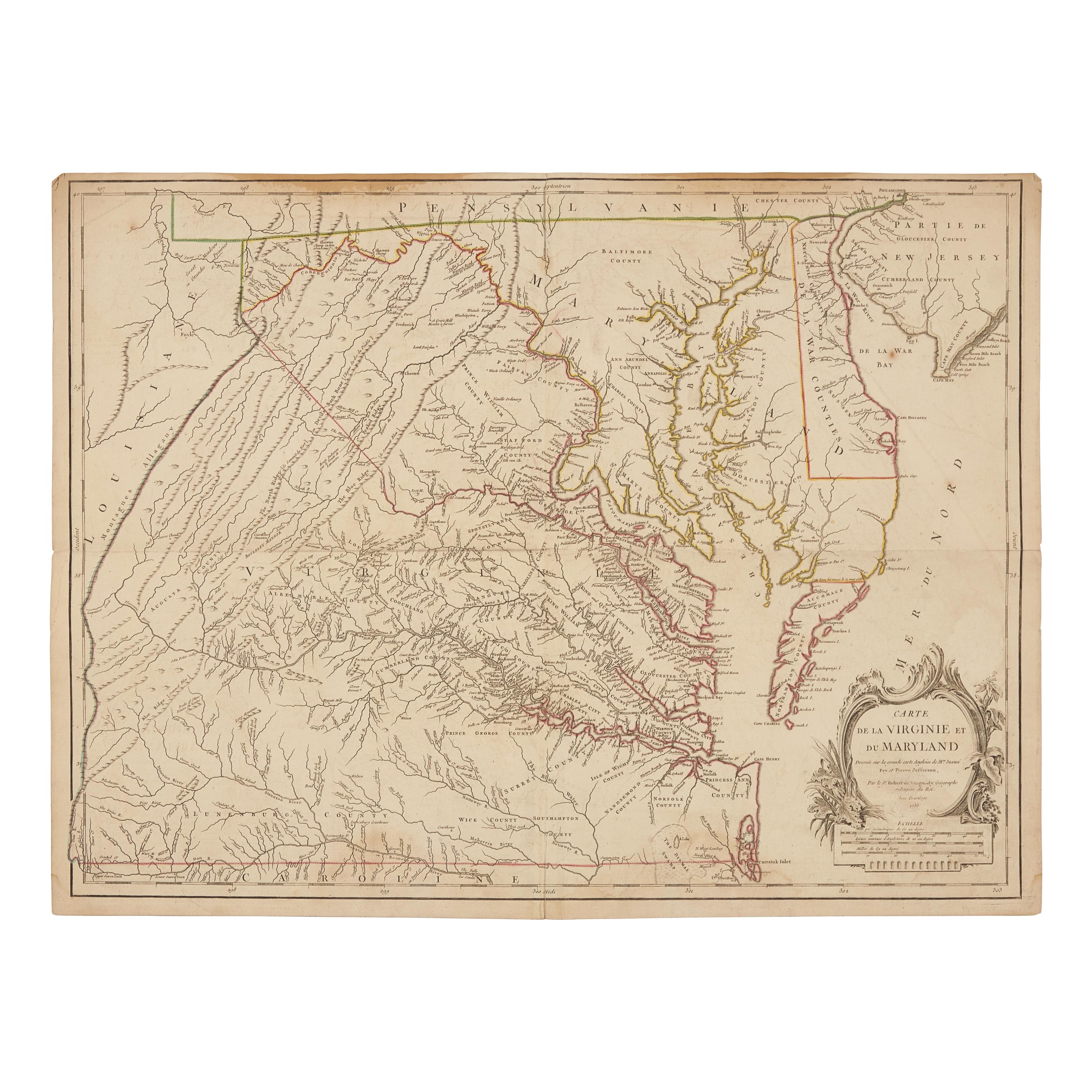 [French and Indian War] Vaugondy, Robert de. Carte de la Virginie et du Maryland...