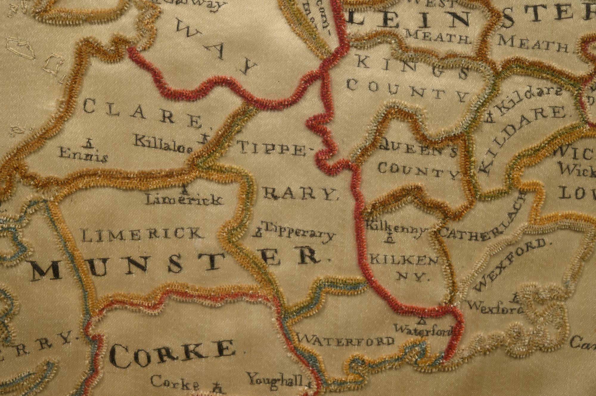 An Irish Embroidered and Chenille Decorated Map of Ireland on Silk