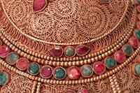 A Pair of Tibetan Style Gilt Filigree, Emerald and Ruby Mounted Rock Crystal Bowls with Covers