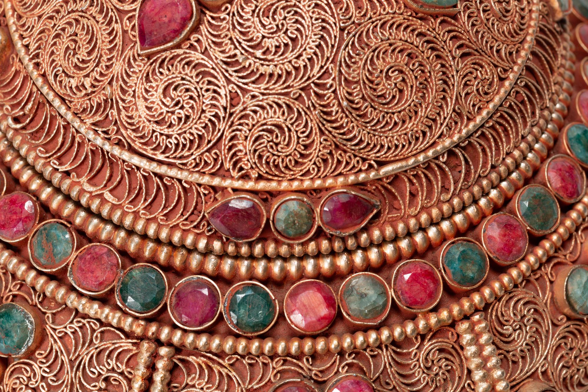 A Pair of Tibetan Style Gilt Filigree, Emerald and Ruby Mounted Rock Crystal Bowls with Covers