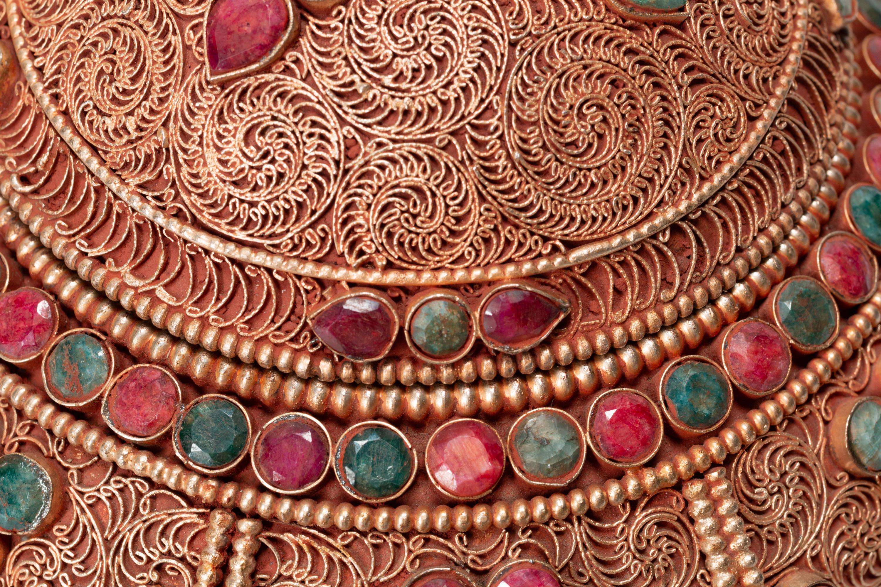 A Pair of Tibetan Style Gilt Filigree, Emerald and Ruby Mounted Rock Crystal Bowls with Covers