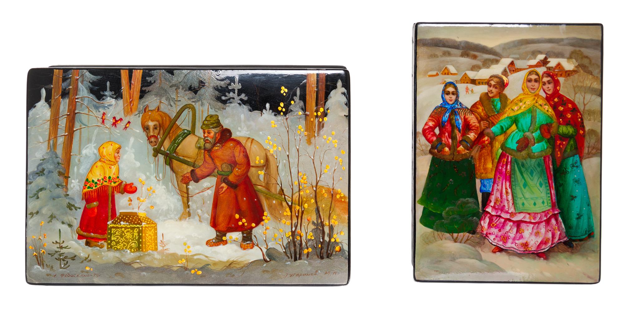 A Collection of Four Russian Lacquered Boxes, 20th Century, each of rectangular form with hinged lids, all decorated with peasant scene