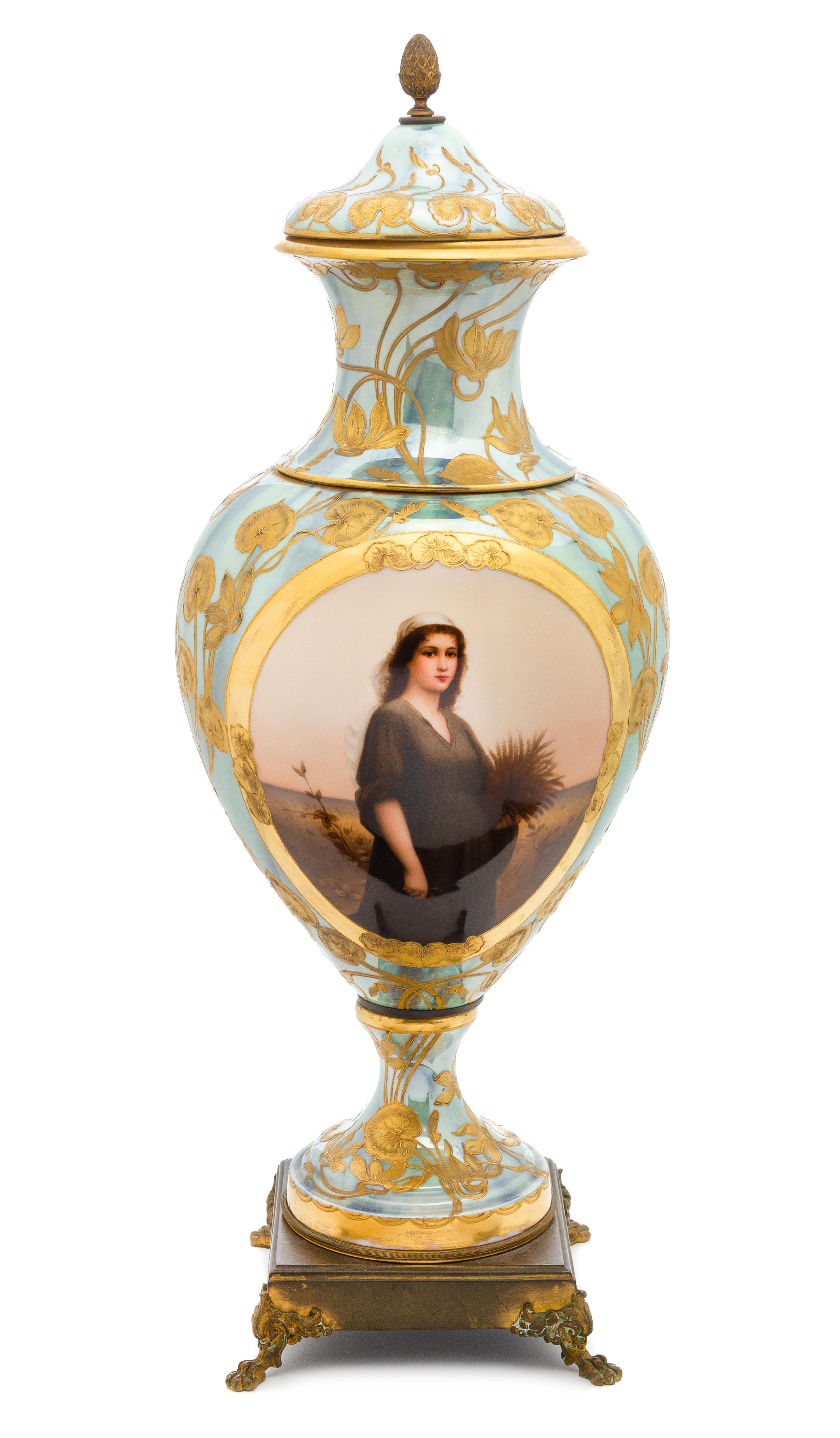 A Vienna Gilt Bronze Mounted Porcelain Urn Height 28 1/4 inches. — LATE 19TH/EARLY 20TH CENTURY