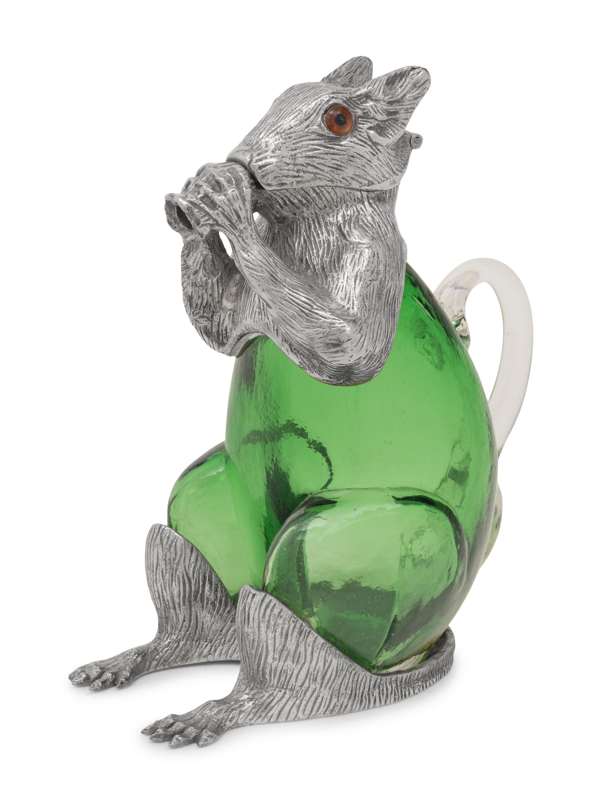 A Silver-Plate and Green Glass Squirrel Decanter