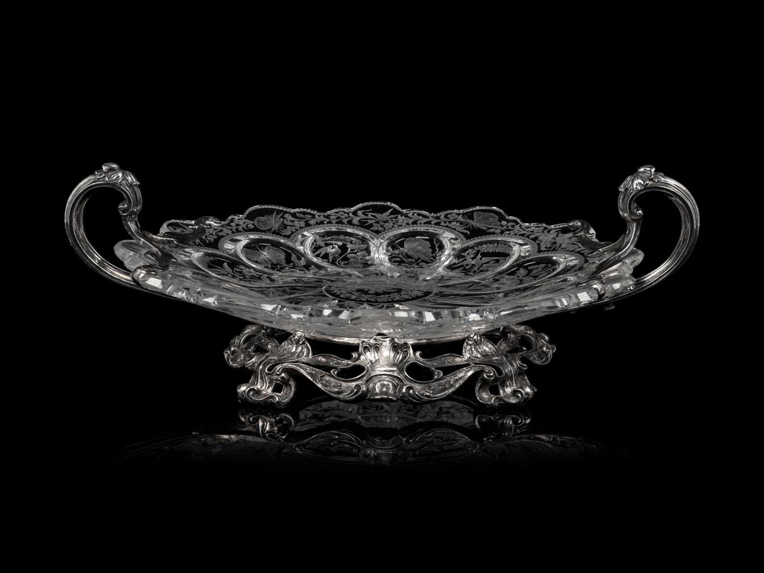 An American Silver Mounted Etched Glass Center Bowl