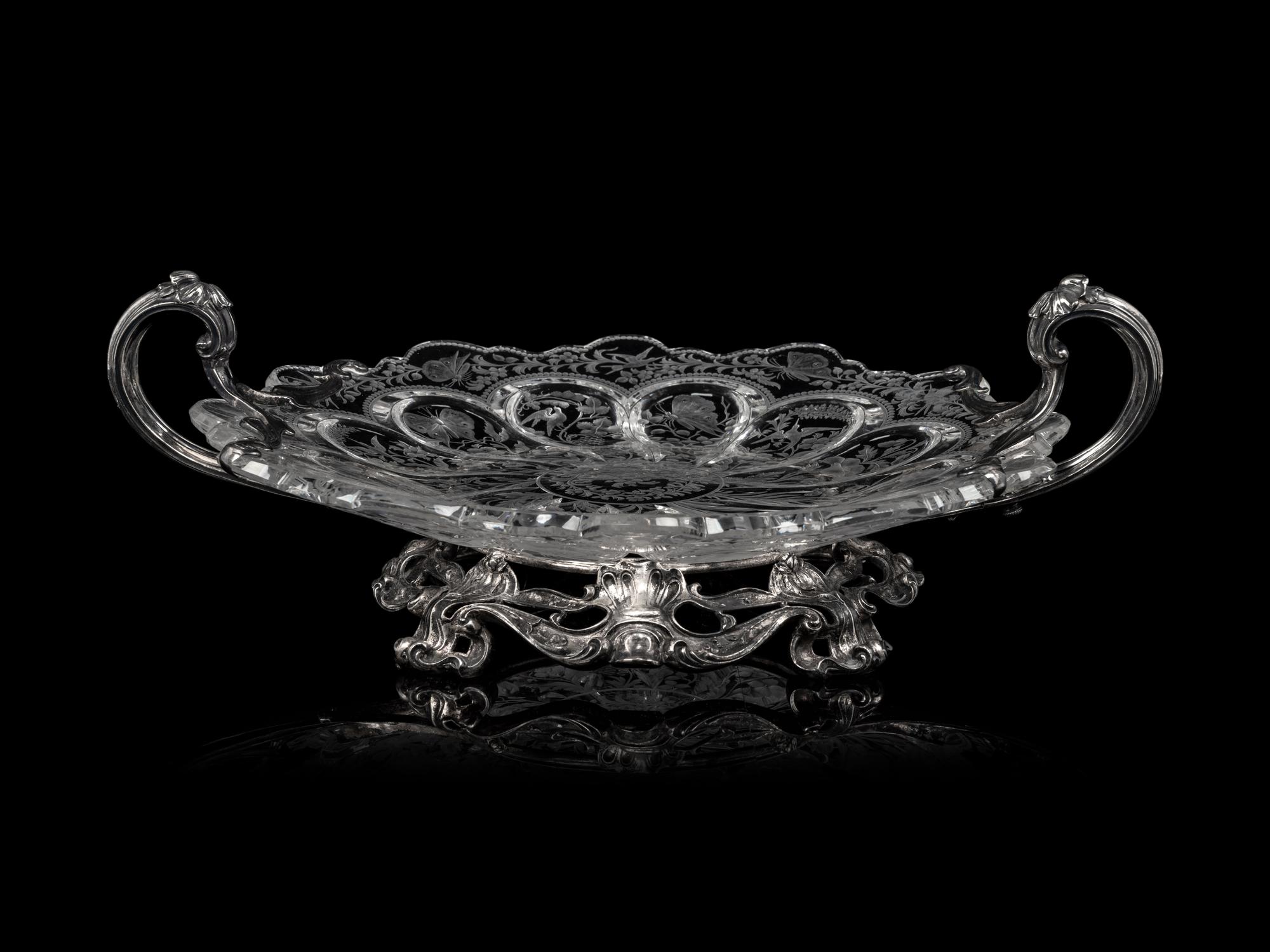 An American Silver Mounted Etched Glass Center Bowl