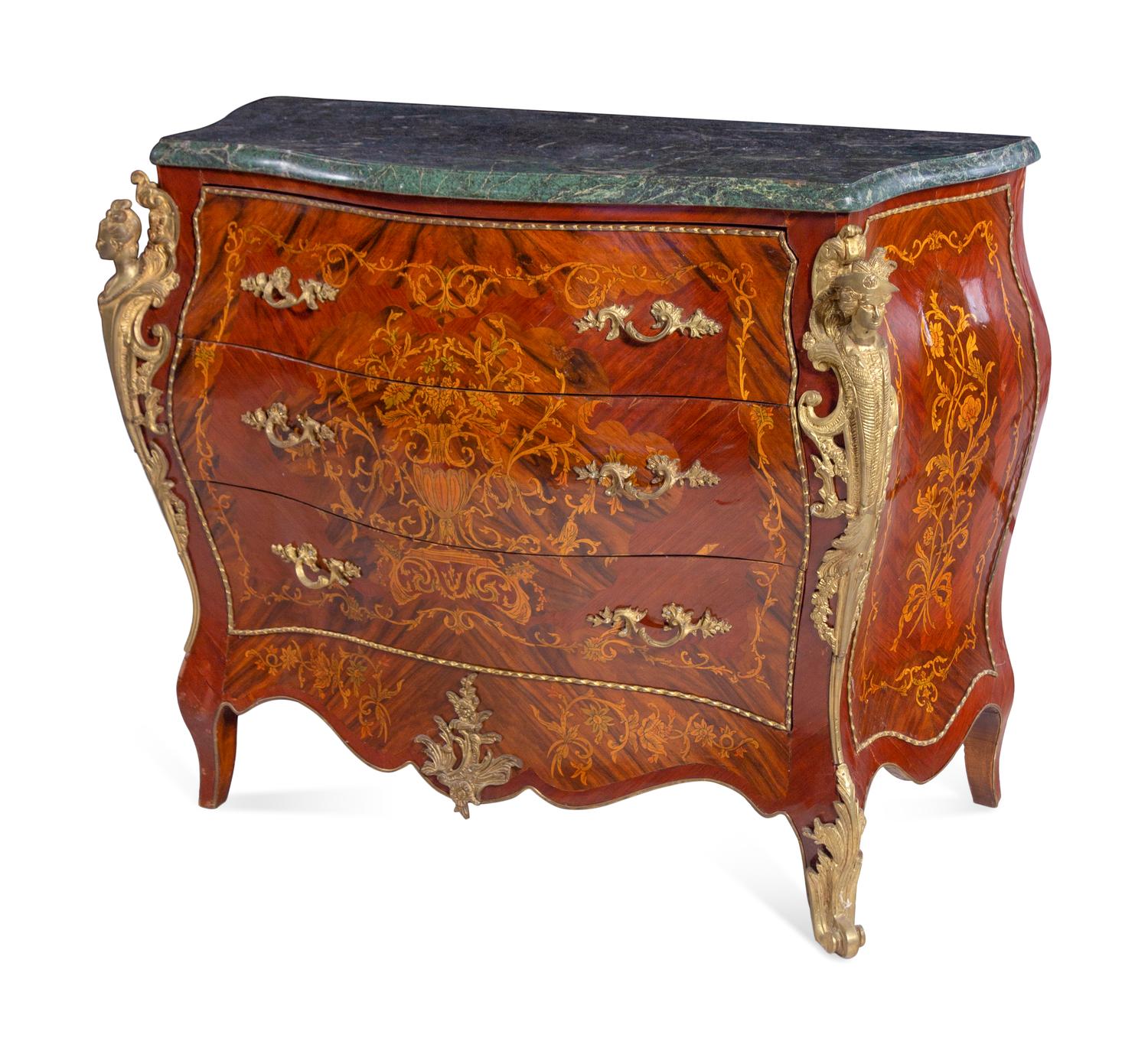 A Pair of Louis XV Style Gilt Metal Mounted Sans Traverse Inlaid Marble-Top Commodes