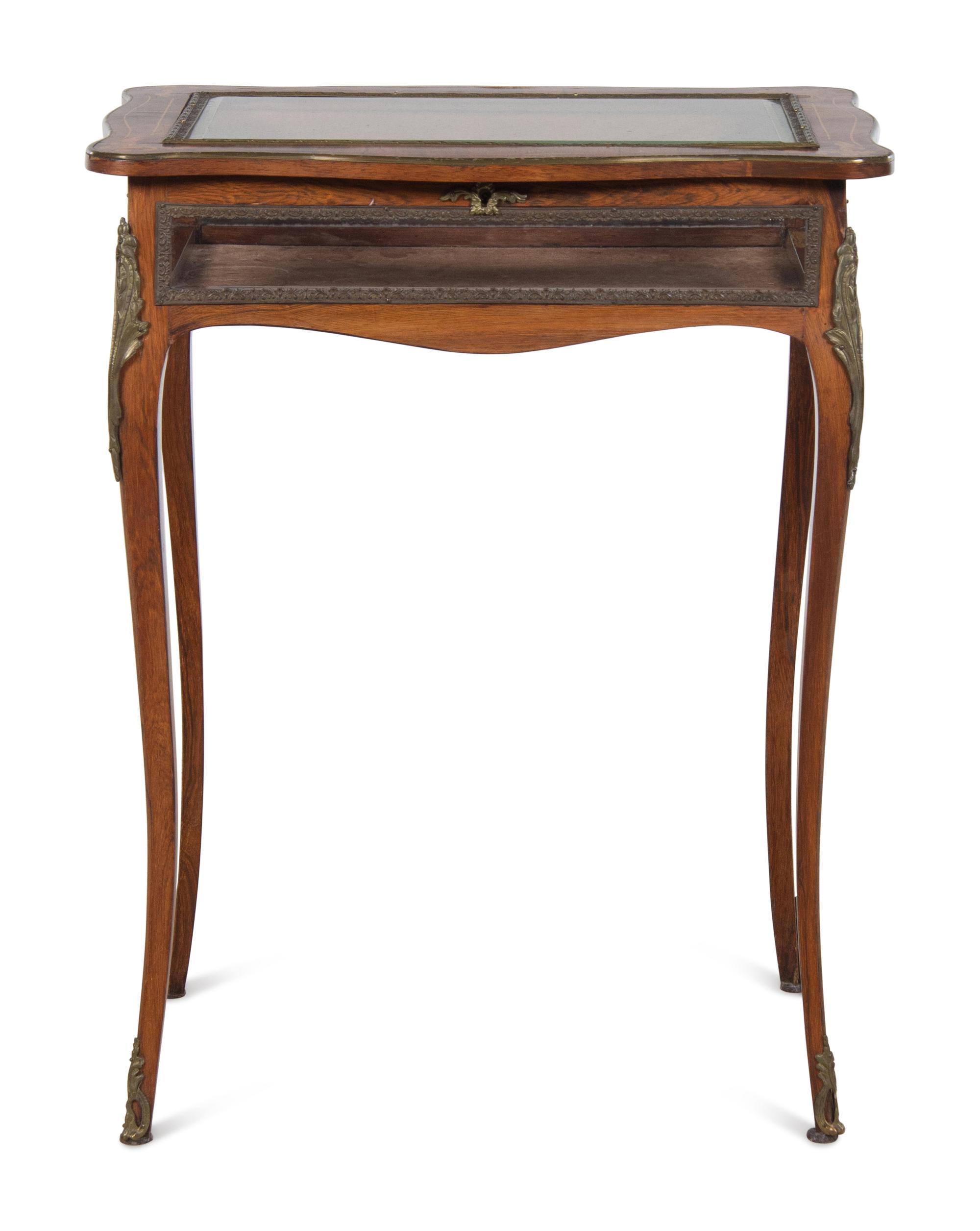 A Louis XV Style Gilt Metal Mounted Rosewood and Marquetry Vitrine Table
