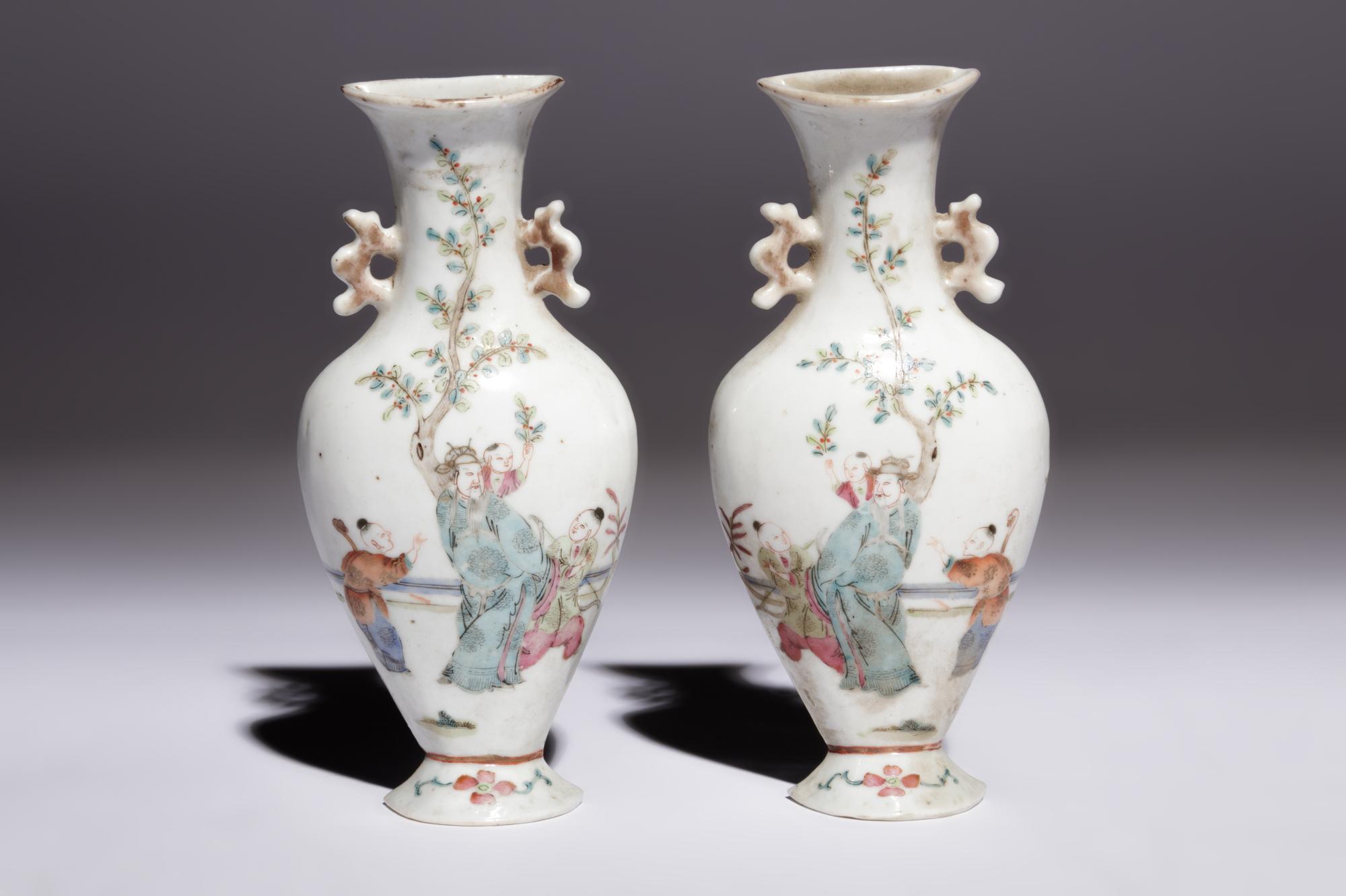 Two Pairs of Famille Rose Porcelain Wall Vases