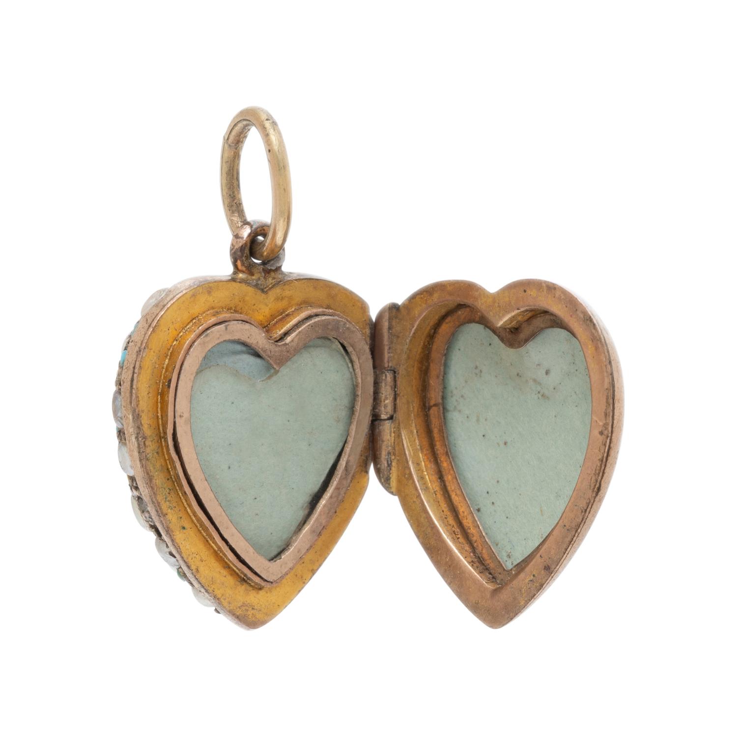 ANTIQUE, TWO HEART LOCKETS WITH TURQUOISE AND SEED PEARLS