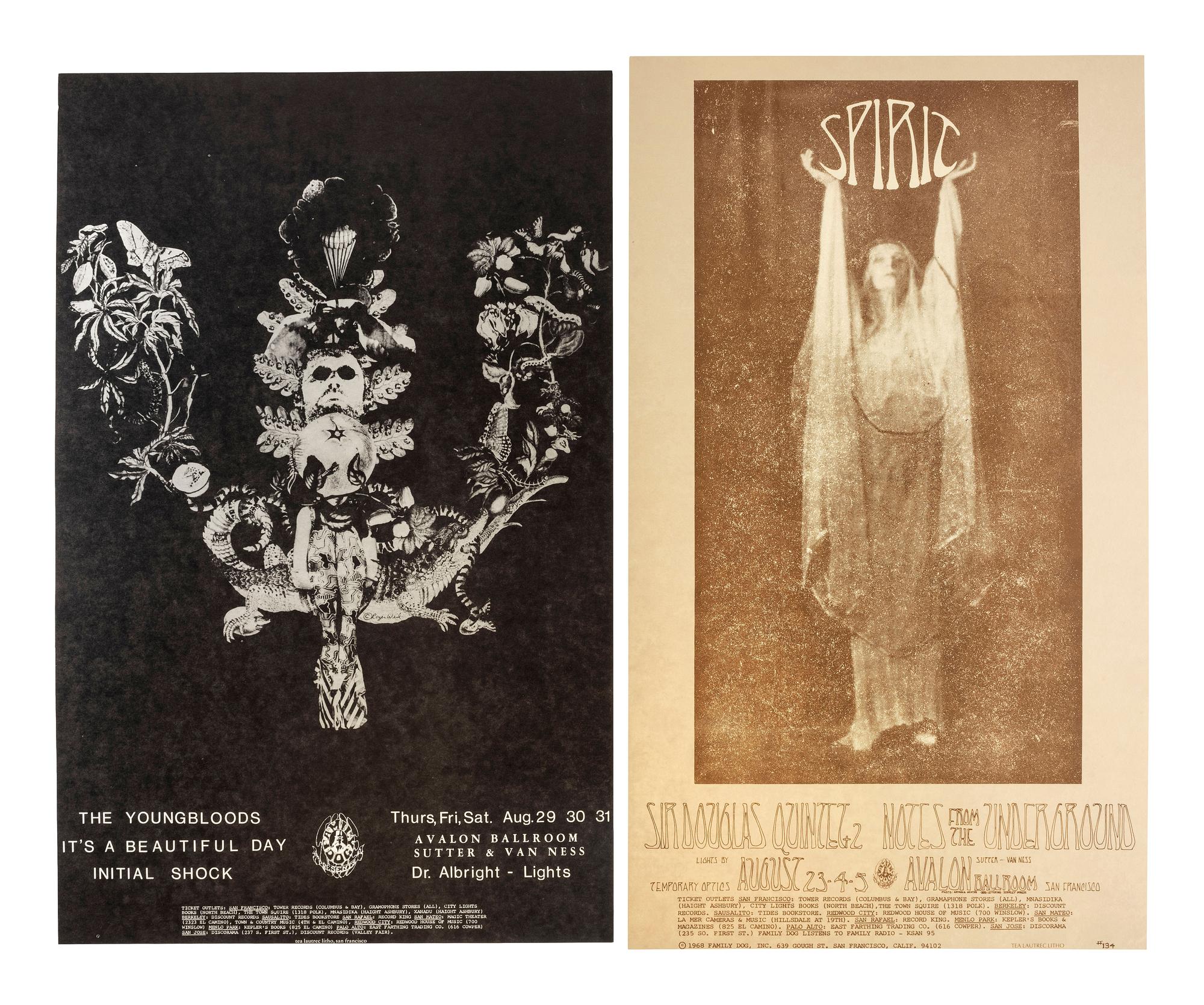 [MUSIC] -- [POSTERS]. GLOVER,Billy, HUNTER, George, WAINWRIGHT, Jerry, WEIL, Roger, STRAUSS, Kurt, WILSON, Wes, artists. A group of 8 Family Dog posters from 1968, comprising:
