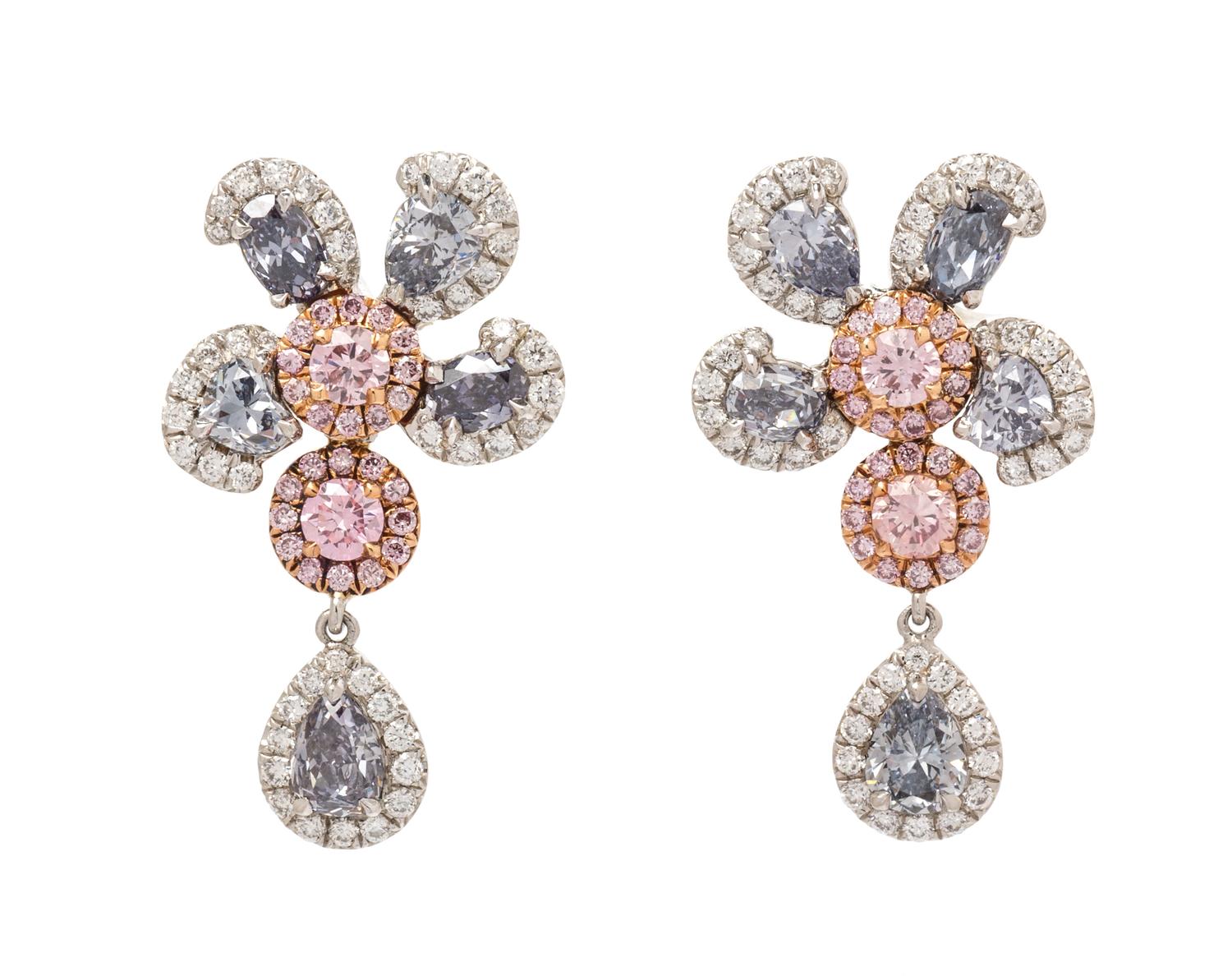 A Pair of Platinum, Rose Gold, Fancy Gray-Blue Colored Diamond, Colored Diamond and Diamond Flower Motif Earrings, 5.10 dwts.