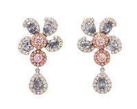 A Pair of Platinum, Rose Gold, Fancy Gray-Blue Colored Diamond, Colored Diamond and Diamond Flower Motif Earrings, 5.10 dwts.