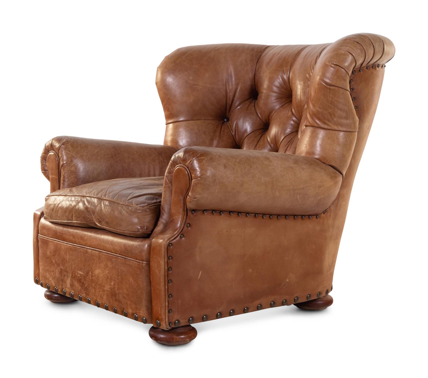 A Pair of Leather Upholstered Wingback Armchairs with Ottoman, Retailed by RH