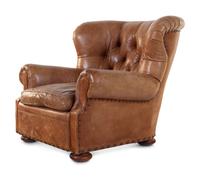 A Pair of Leather Upholstered Wingback Armchairs with Ottoman, Retailed by RH