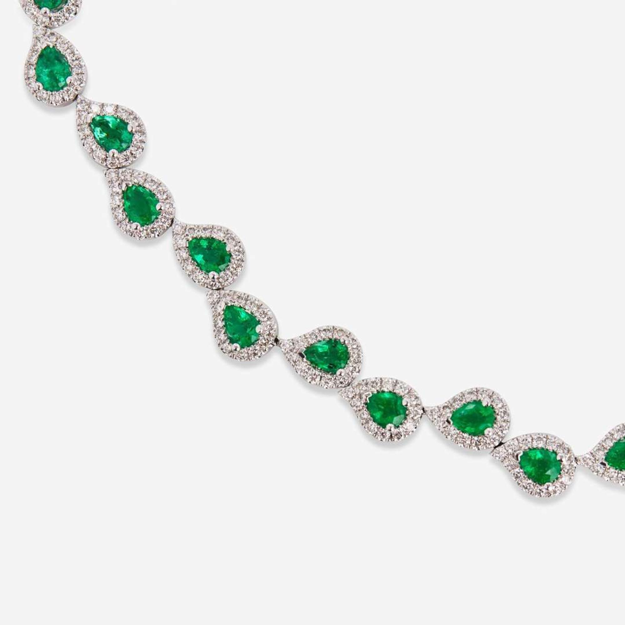 A 14K White Gold, Emerald, and Diamond Necklace