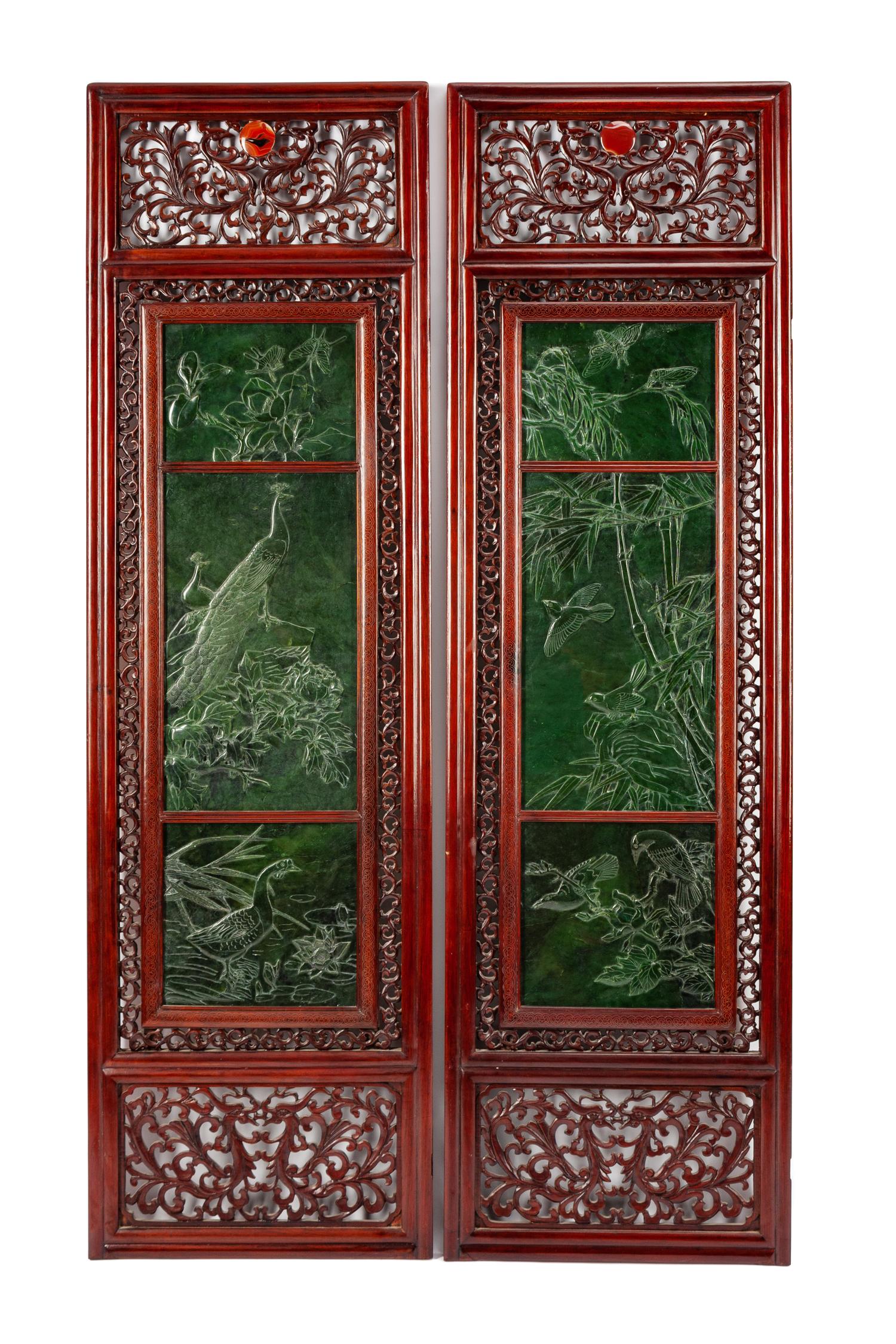 A Pair of Chinese Framed Spinach Jade Plaques