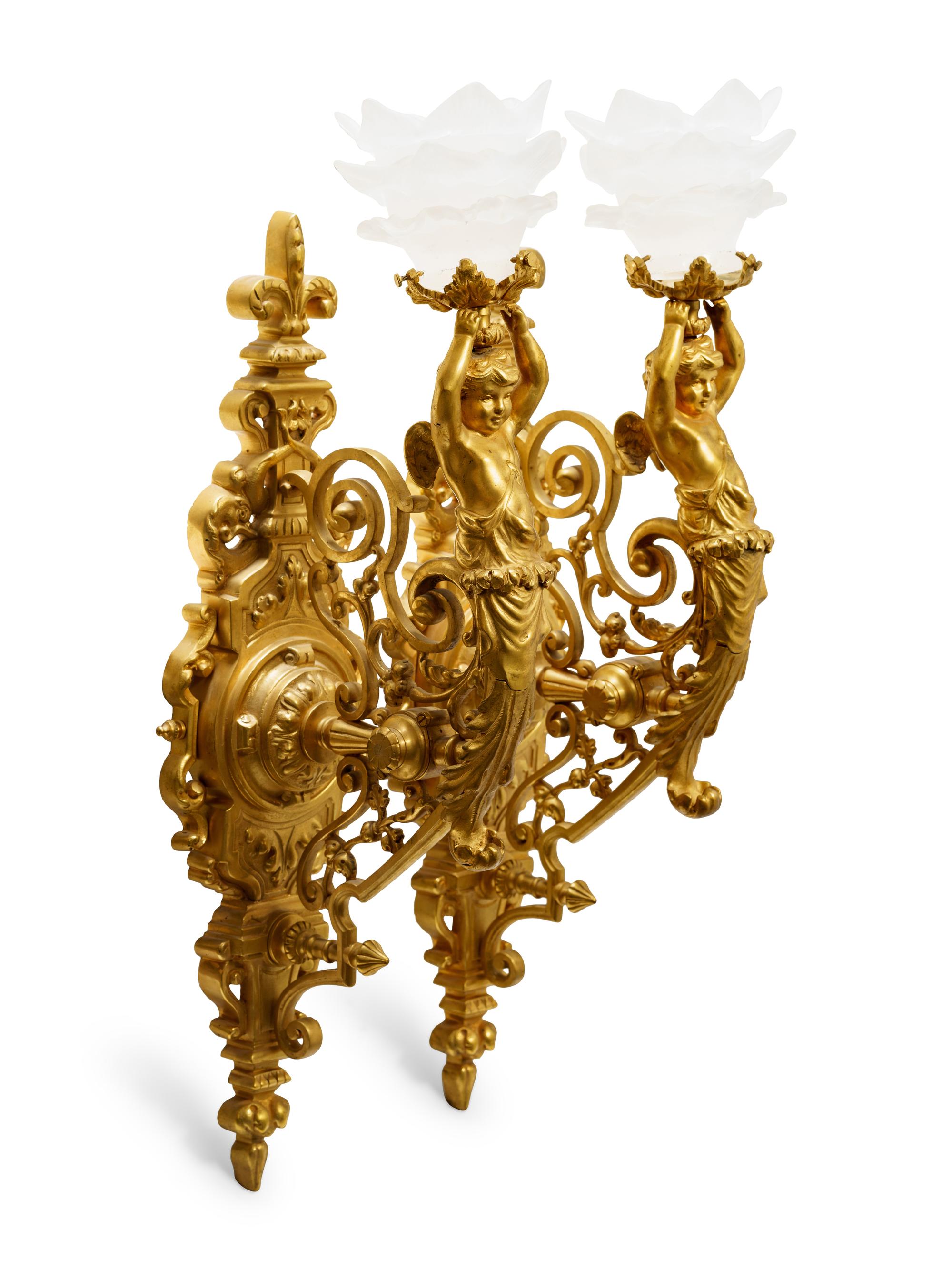 A Pair of Aesthetic Movement Style Gilt Bronze Wall Sconces