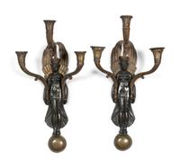 A Pair of Empire Style Brass Three-Light Figural Sconces